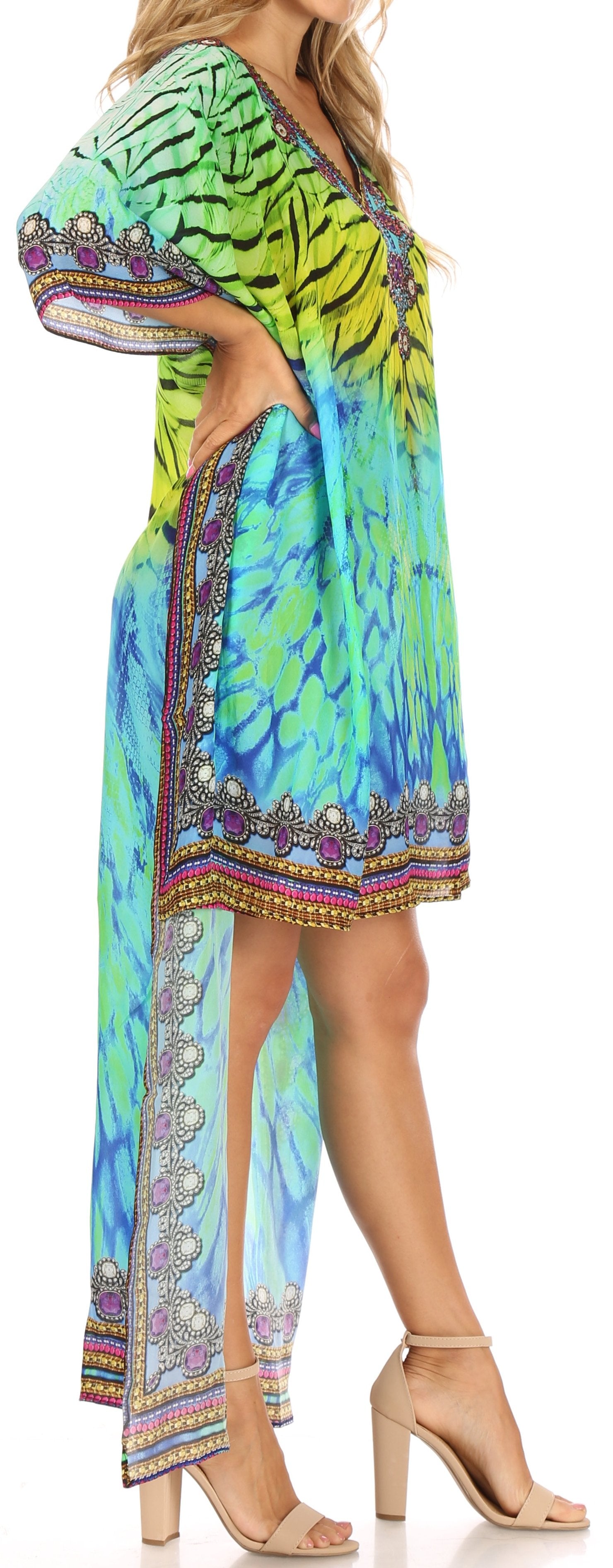 Vestido Sakkas Laisson Flowy Hi-Lo Caftán con diamantes de imitación, cuello en V, corte cuadrado, para cubrir la parte superior