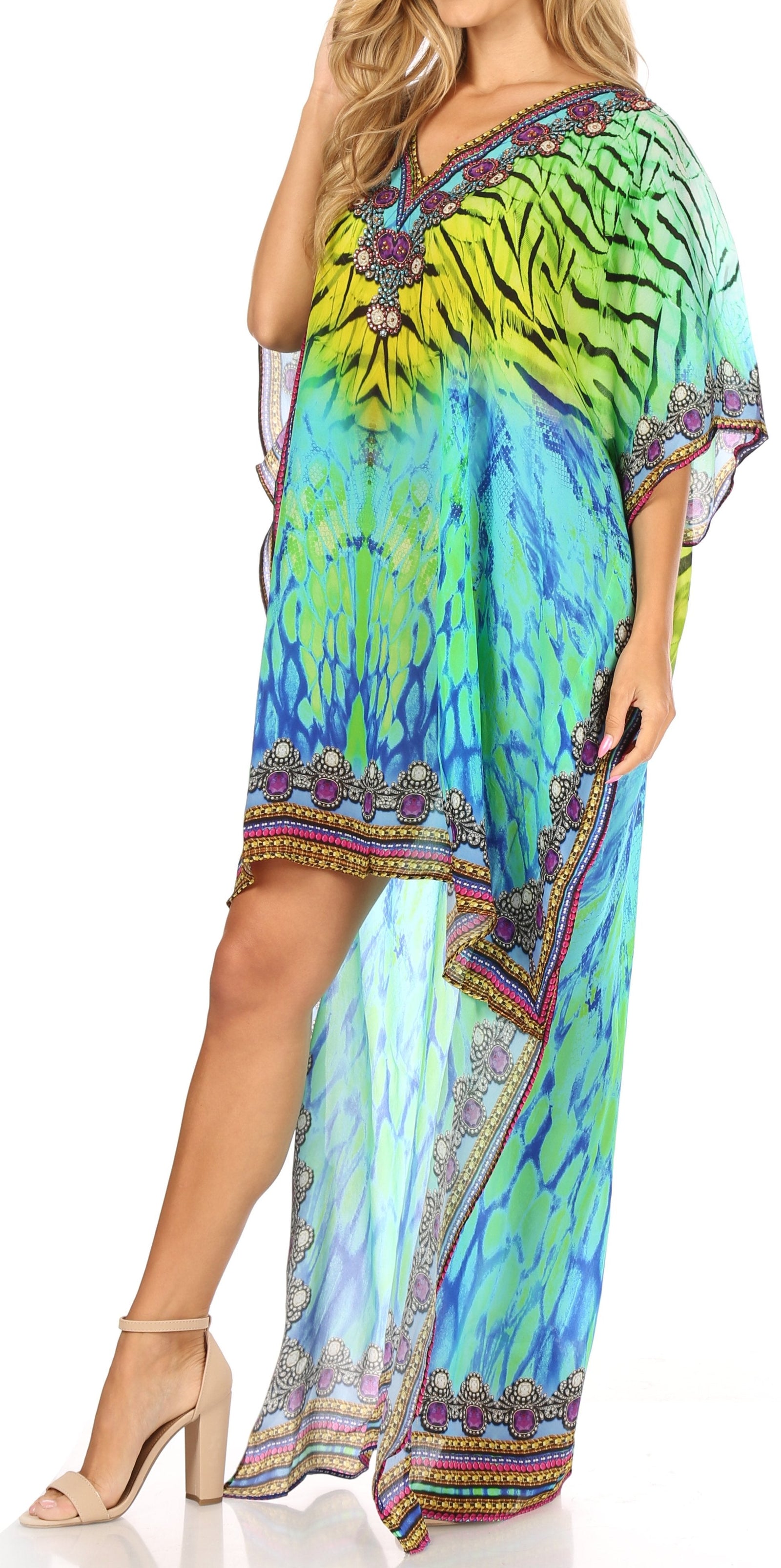 Vestido Sakkas Laisson Flowy Hi-Lo Caftán con diamantes de imitación, cuello en V, corte cuadrado, para cubrir la parte superior