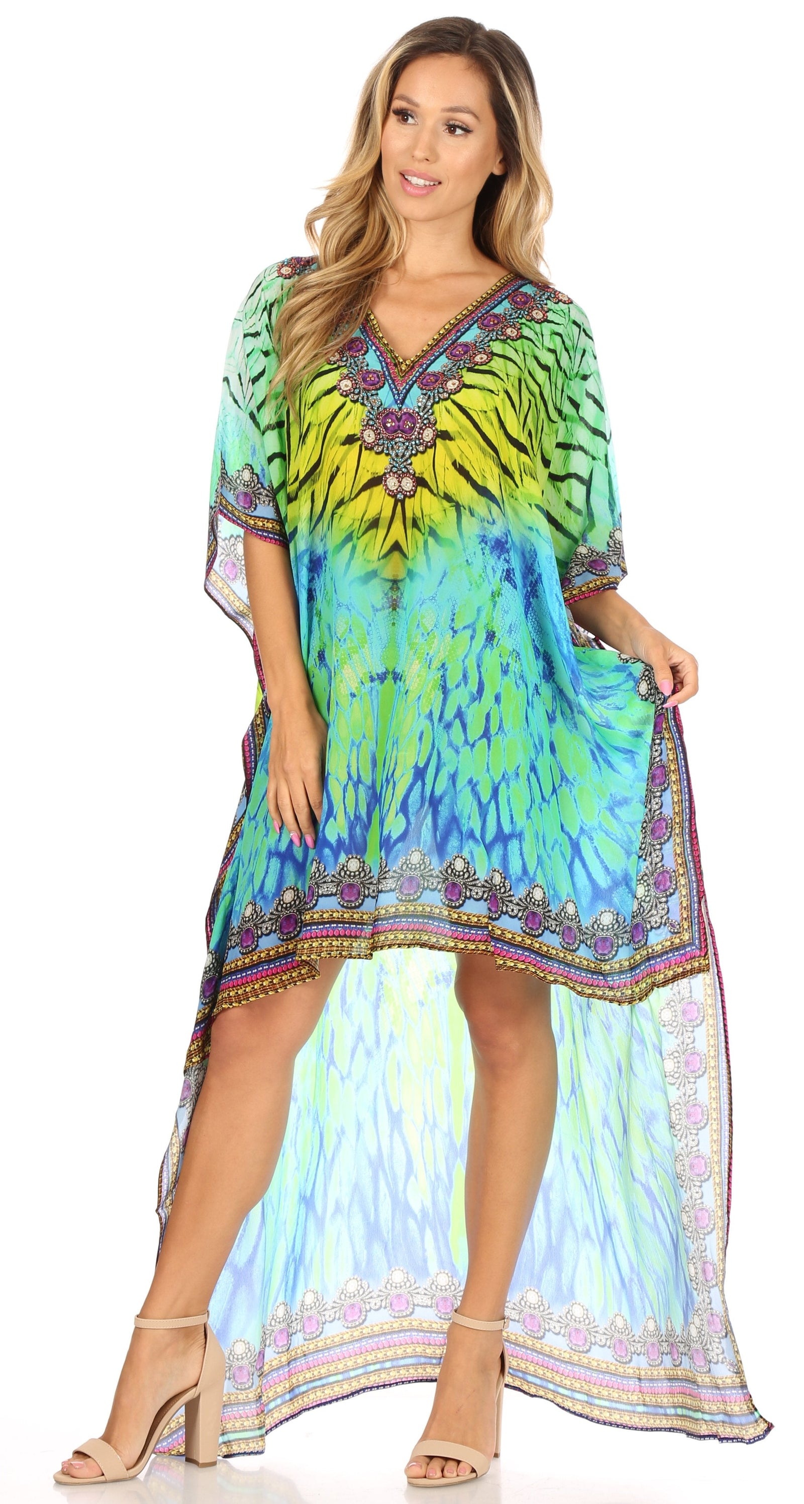 Vestido Sakkas Laisson Flowy Hi-Lo Caftán con diamantes de imitación, cuello en V, corte cuadrado, para cubrir la parte superior