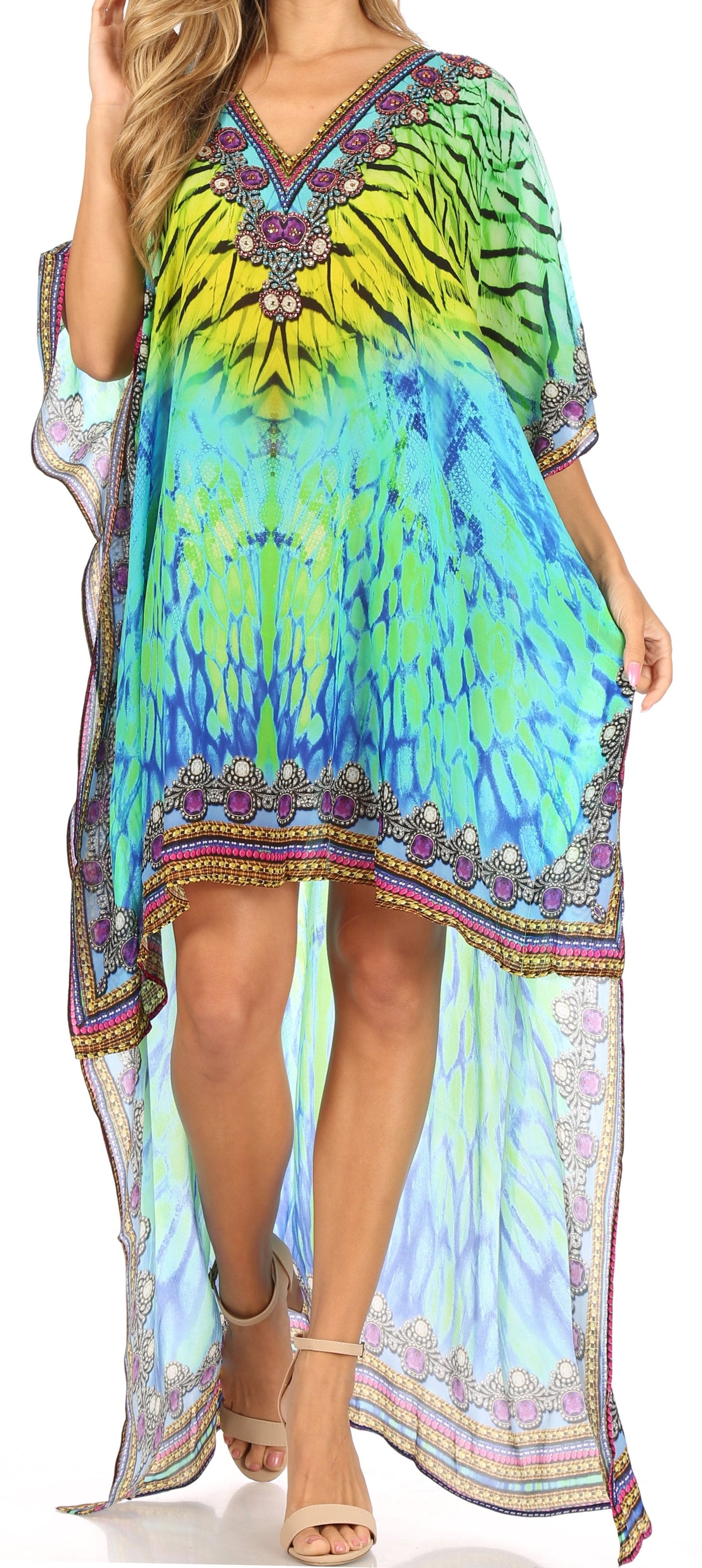 Vestido Sakkas Laisson Flowy Hi-Lo Caftán con diamantes de imitación, cuello en V, corte cuadrado, para cubrir la parte superior