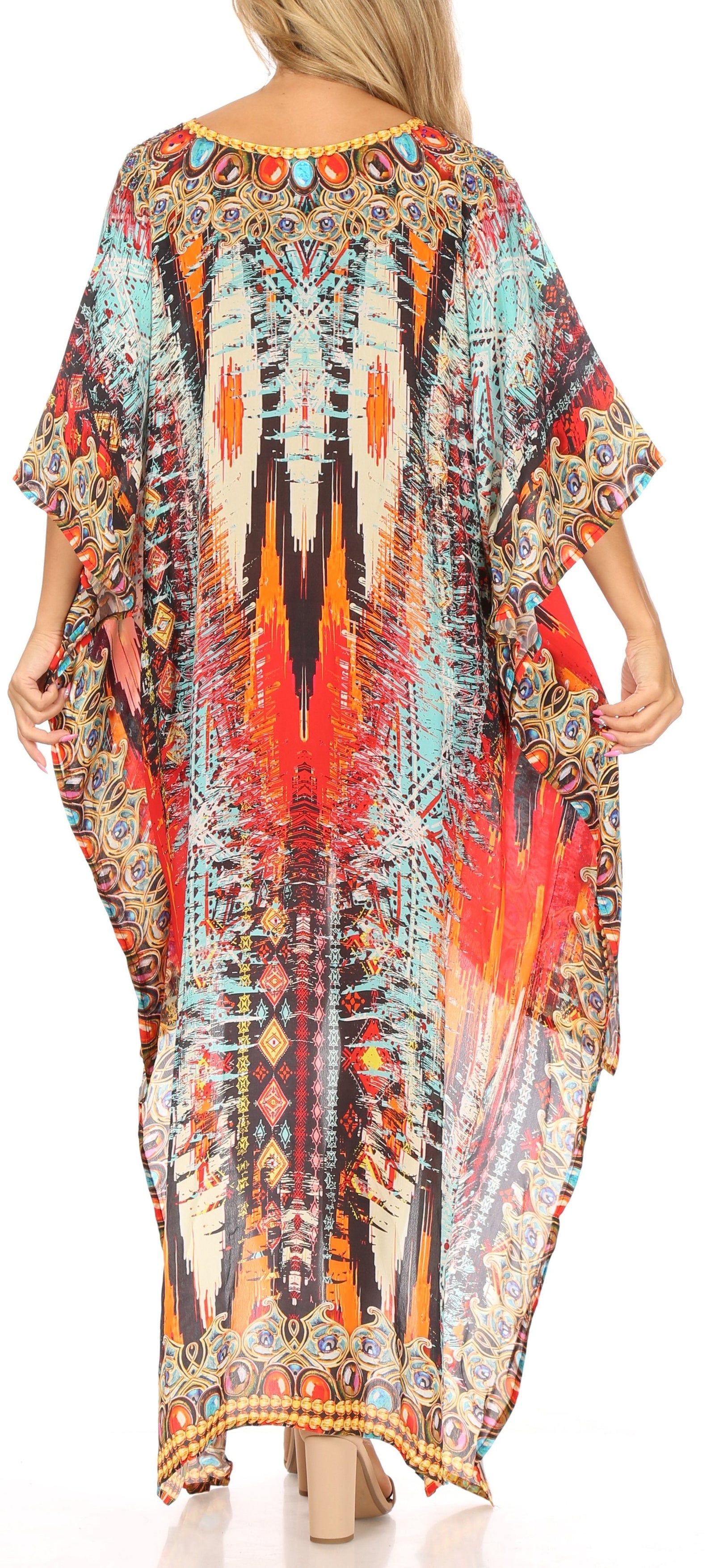 Vestido Sakkas Laisson Flowy Hi-Lo Caftán con diamantes de imitación, cuello en V, corte cuadrado, para cubrir la parte superior