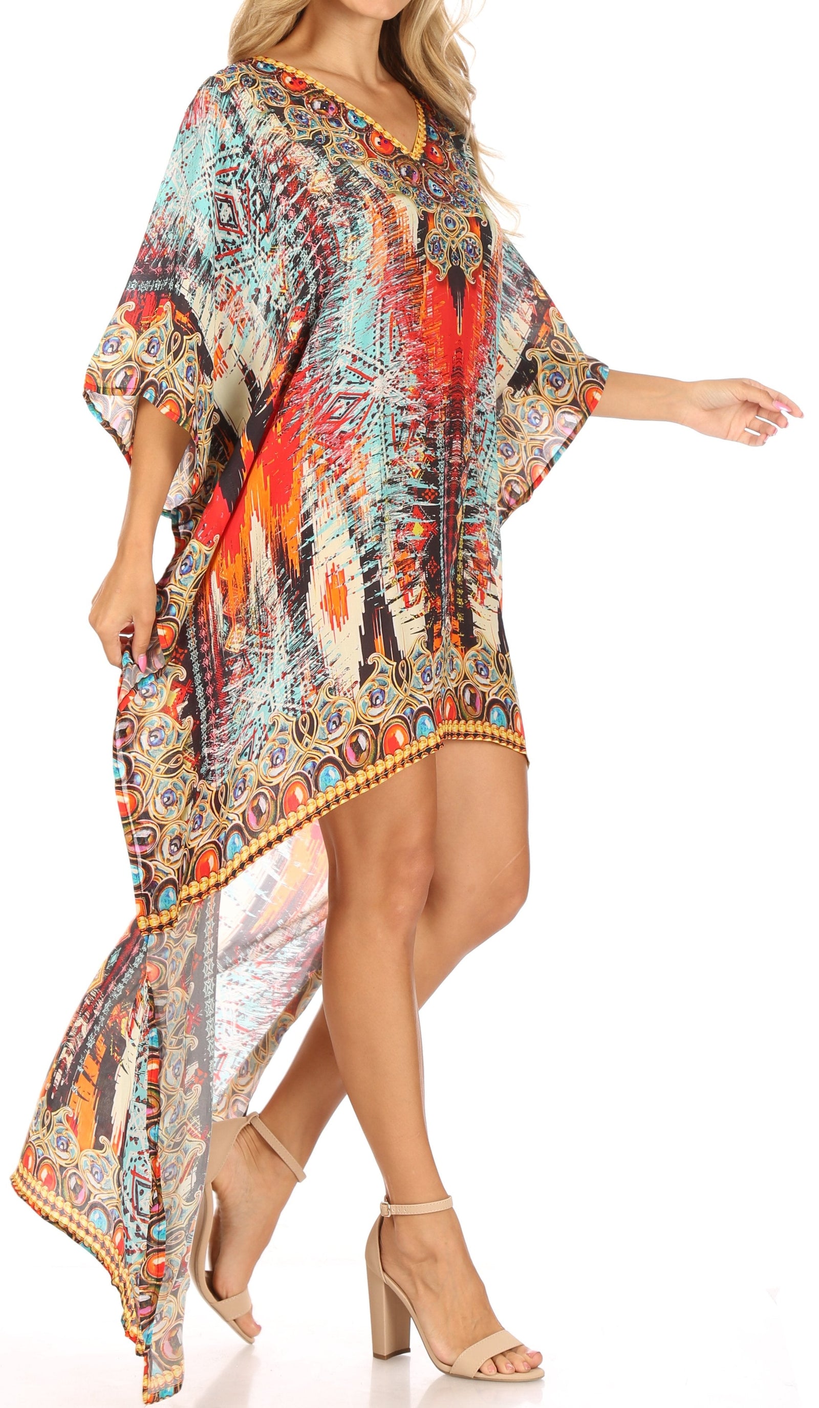 Vestido Sakkas Laisson Flowy Hi-Lo Caftán con diamantes de imitación, cuello en V, corte cuadrado, para cubrir la parte superior