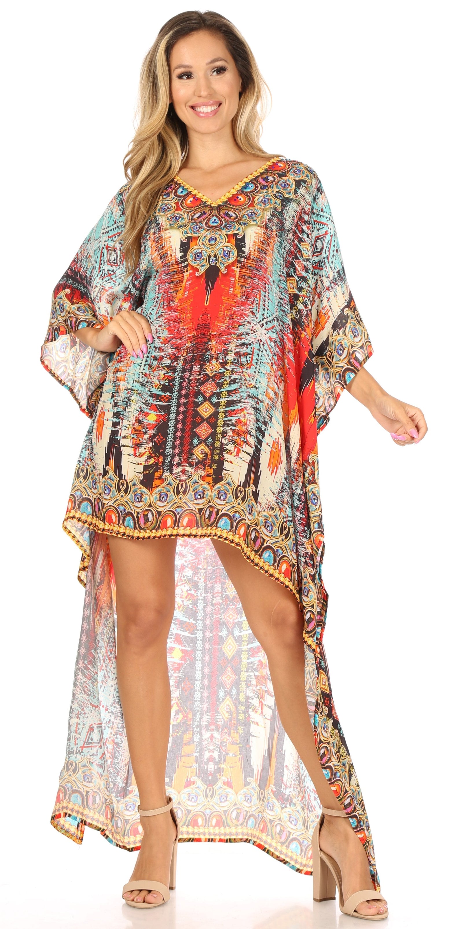 Vestido Sakkas Laisson Flowy Hi-Lo Caftán con diamantes de imitación, cuello en V, corte cuadrado, para cubrir la parte superior