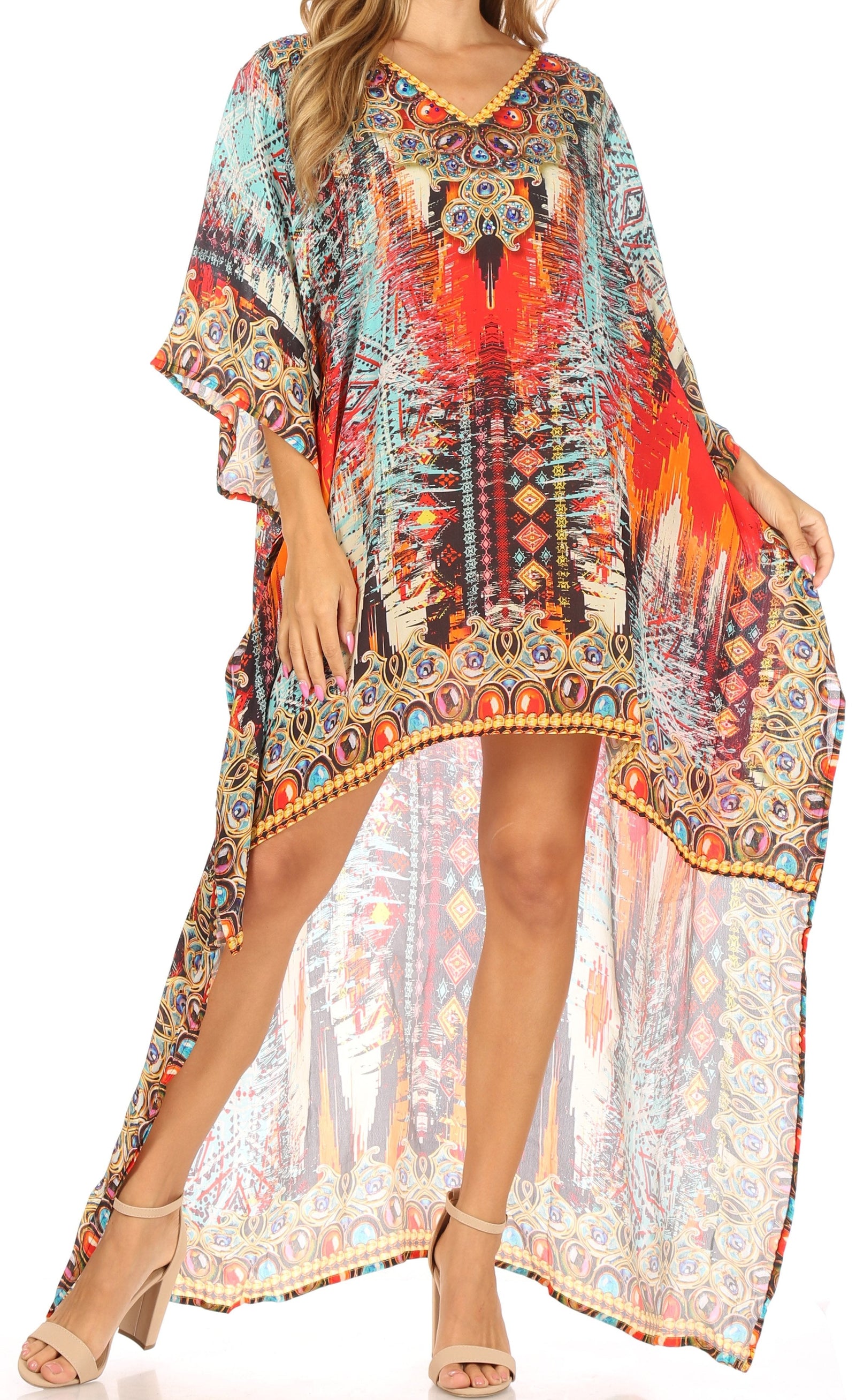 Vestido Sakkas Laisson Flowy Hi-Lo Caftán con diamantes de imitación, cuello en V, corte cuadrado, para cubrir la parte superior