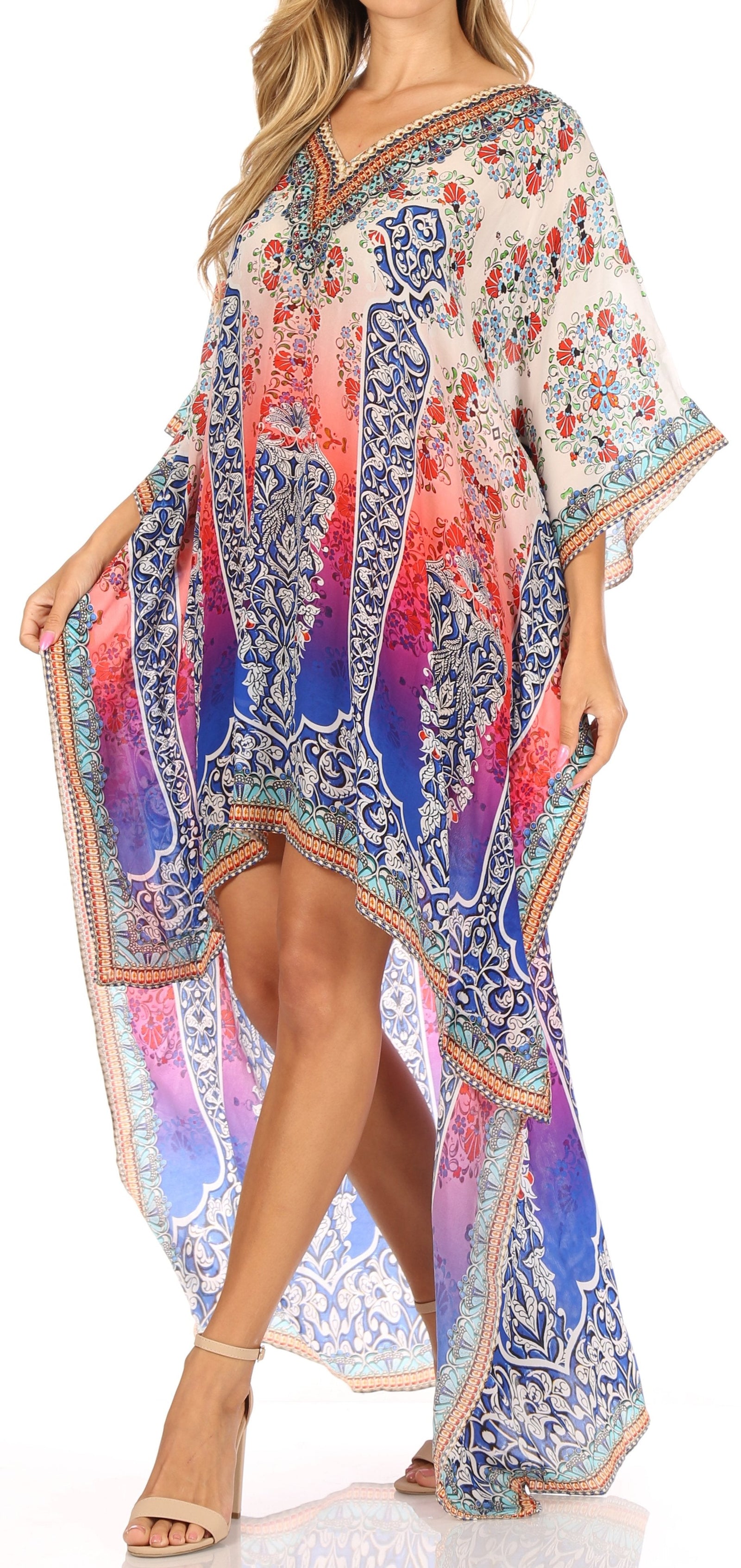 Vestido Sakkas Laisson Flowy Hi-Lo Caftán con diamantes de imitación, cuello en V, corte cuadrado, para cubrir la parte superior