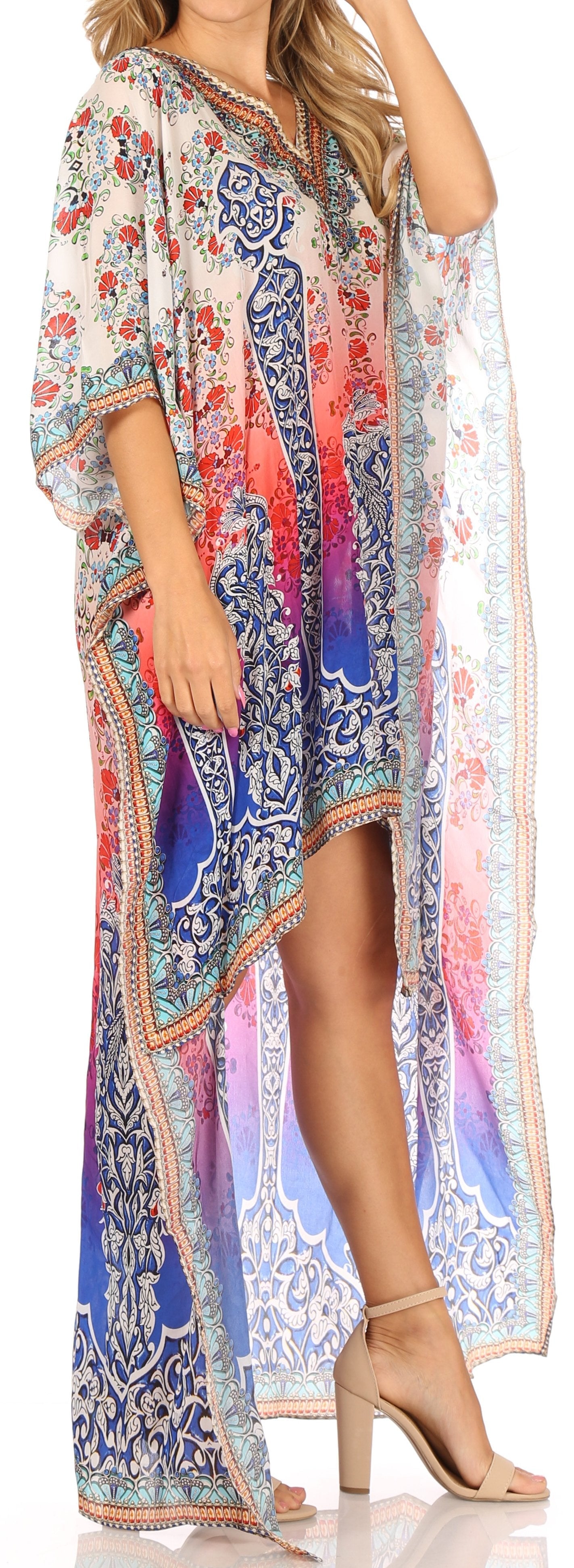 Vestido Sakkas Laisson Flowy Hi-Lo Caftán con diamantes de imitación, cuello en V, corte cuadrado, para cubrir la parte superior
