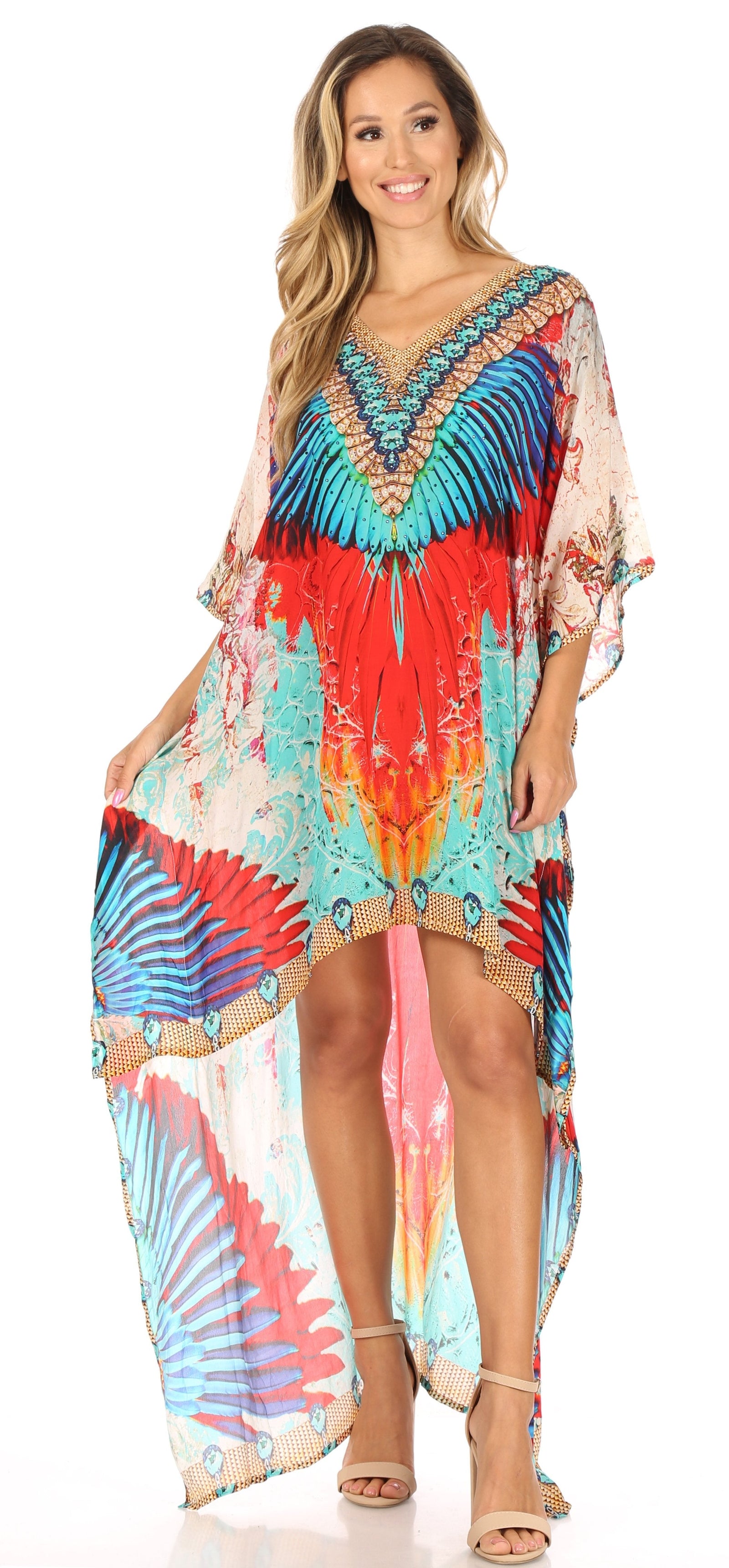 Vestido Sakkas Laisson Flowy Hi-Lo Caftán con diamantes de imitación, cuello en V, corte cuadrado, para cubrir la parte superior