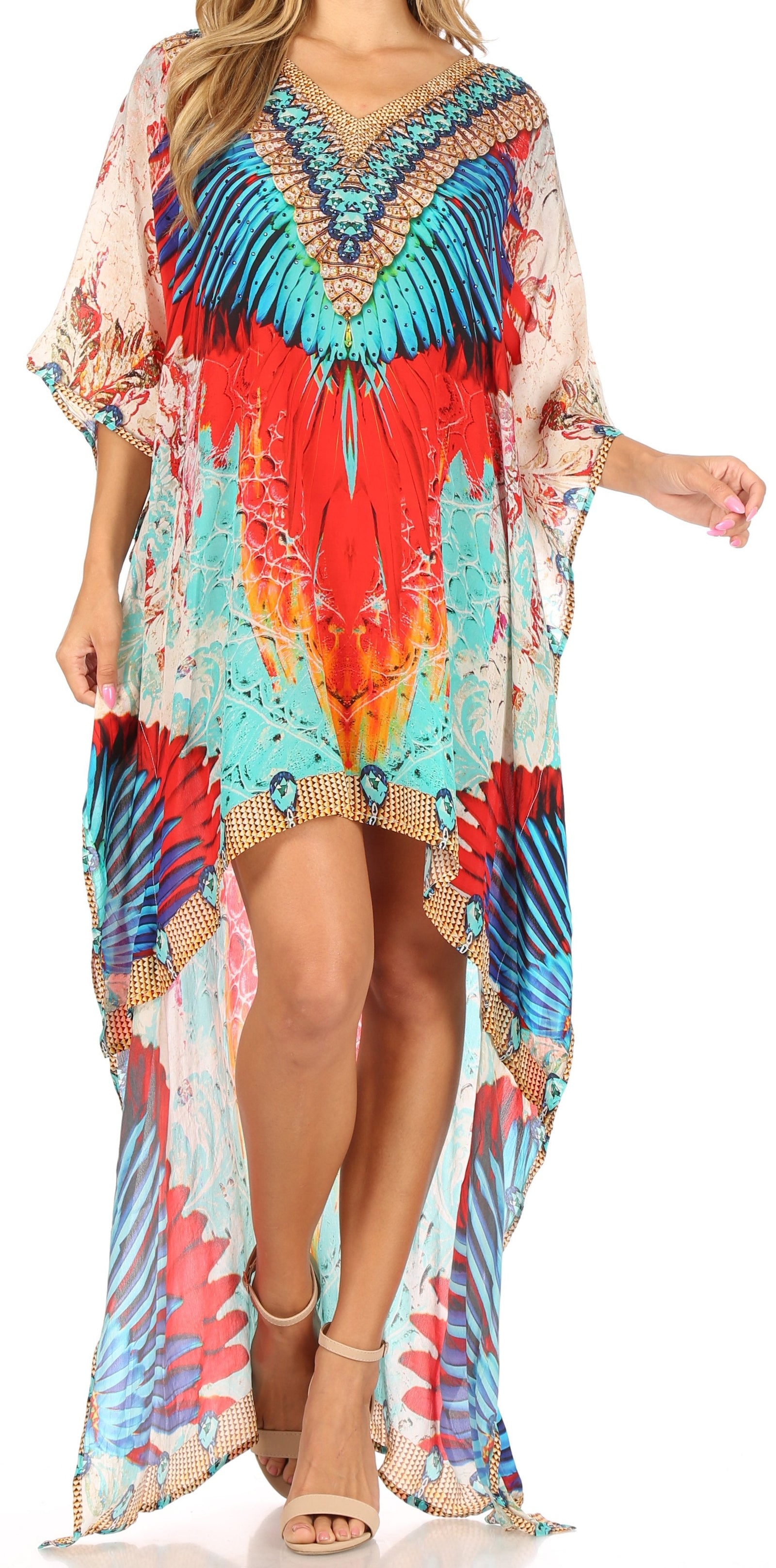 Vestido Sakkas Laisson Flowy Hi-Lo Caftán con diamantes de imitación, cuello en V, corte cuadrado, para cubrir la parte superior