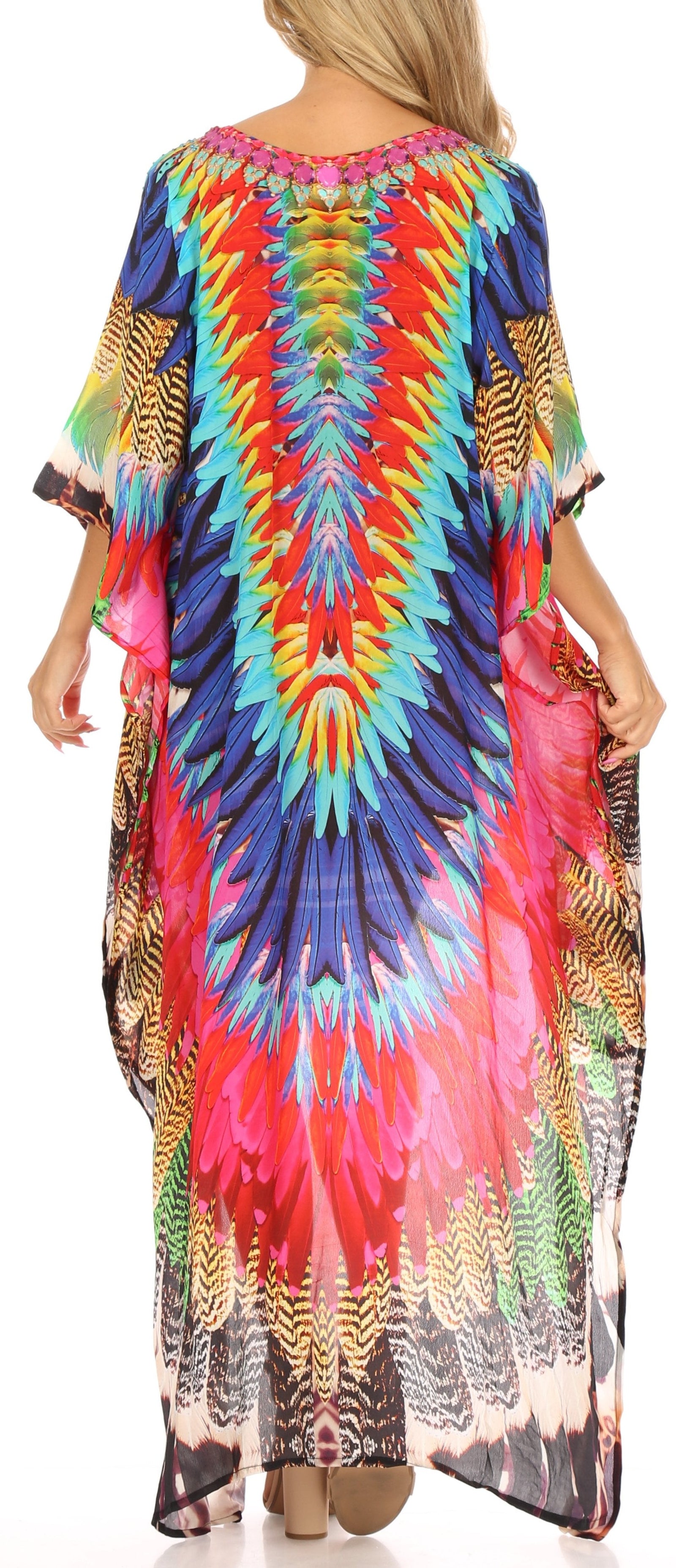Vestido Sakkas Laisson Flowy Hi-Lo Caftán con diamantes de imitación, cuello en V, corte cuadrado, para cubrir la parte superior