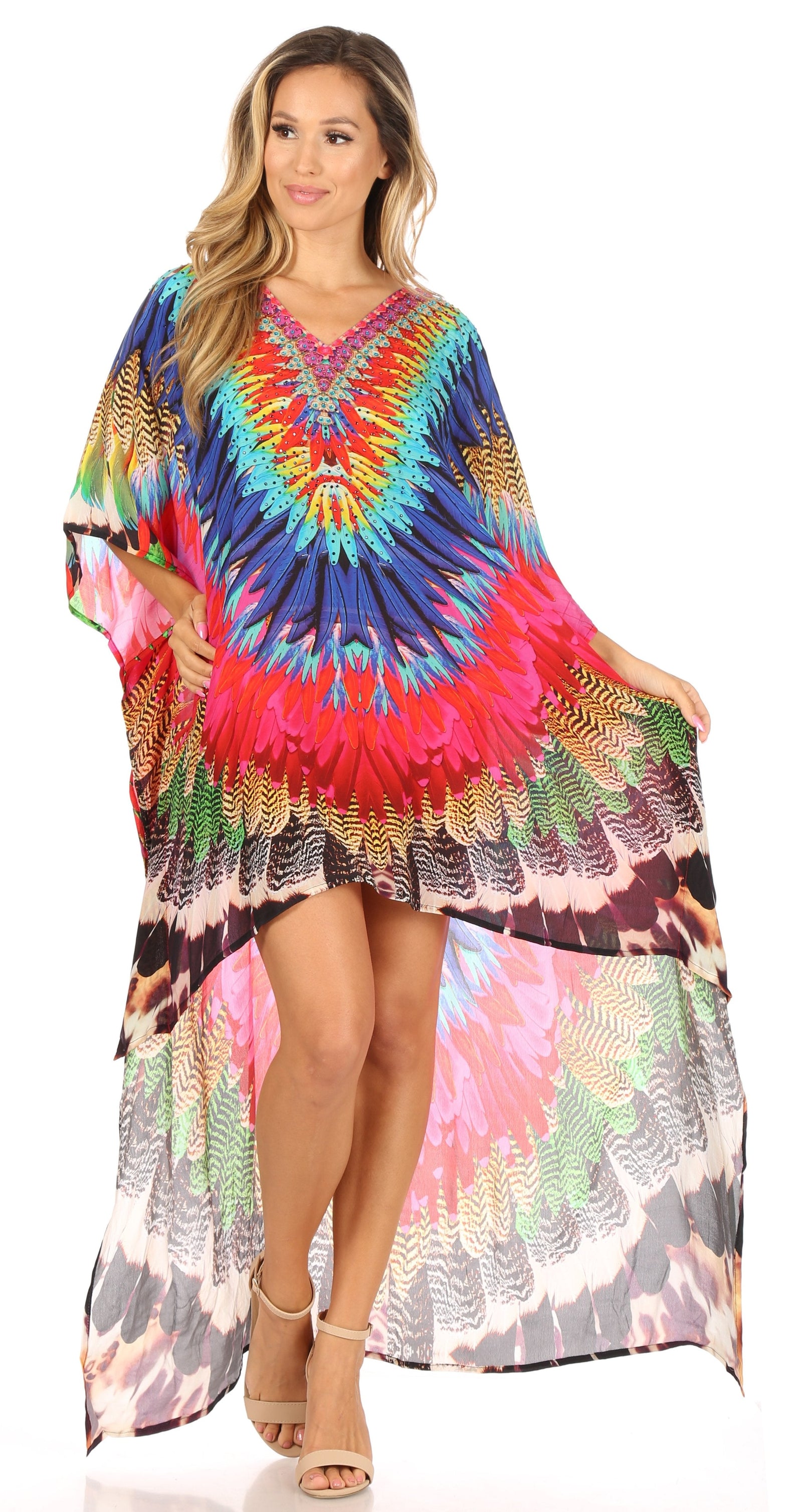 Vestido Sakkas Laisson Flowy Hi-Lo Caftán con diamantes de imitación, cuello en V, corte cuadrado, para cubrir la parte superior