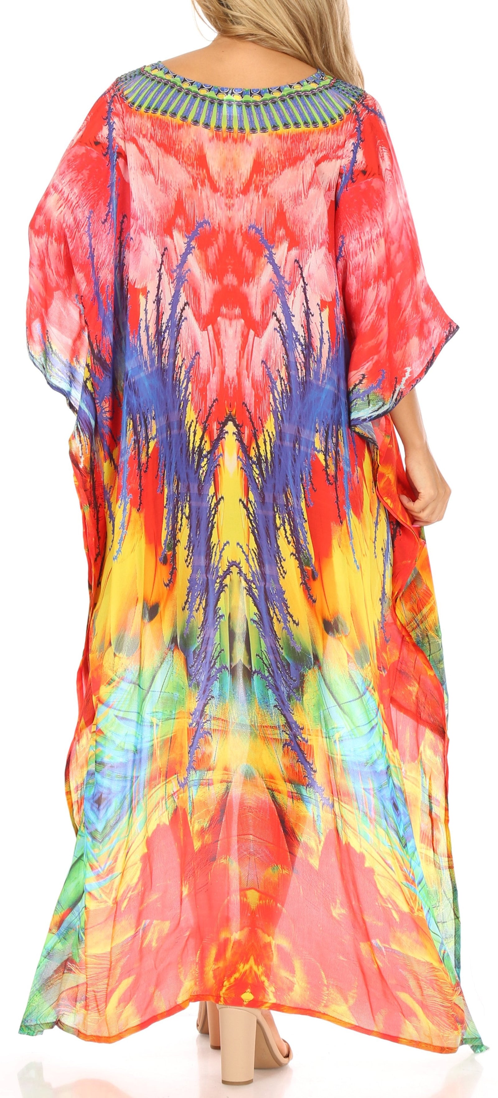Vestido Sakkas Laisson Flowy Hi-Lo Caftán con diamantes de imitación, cuello en V, corte cuadrado, para cubrir la parte superior