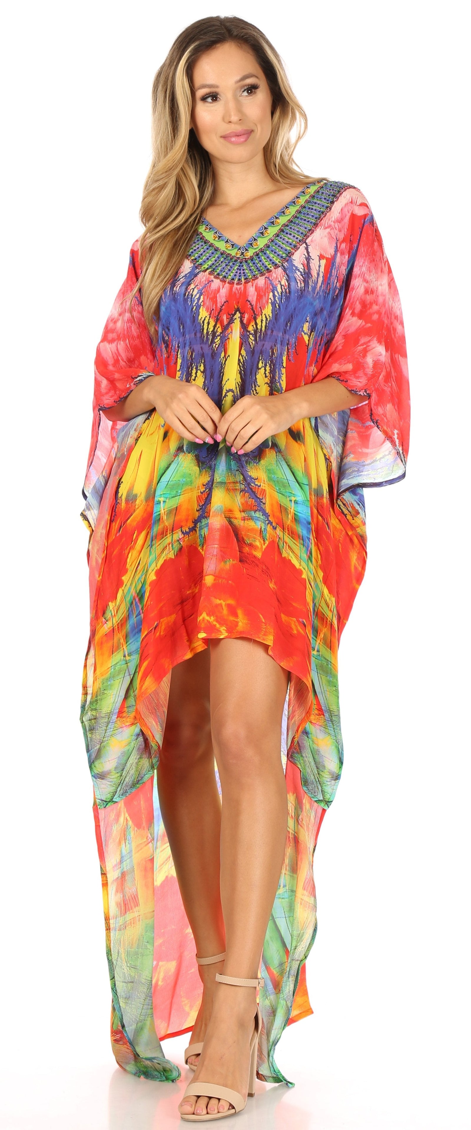 Vestido Sakkas Laisson Flowy Hi-Lo Caftán con diamantes de imitación, cuello en V, corte cuadrado, para cubrir la parte superior