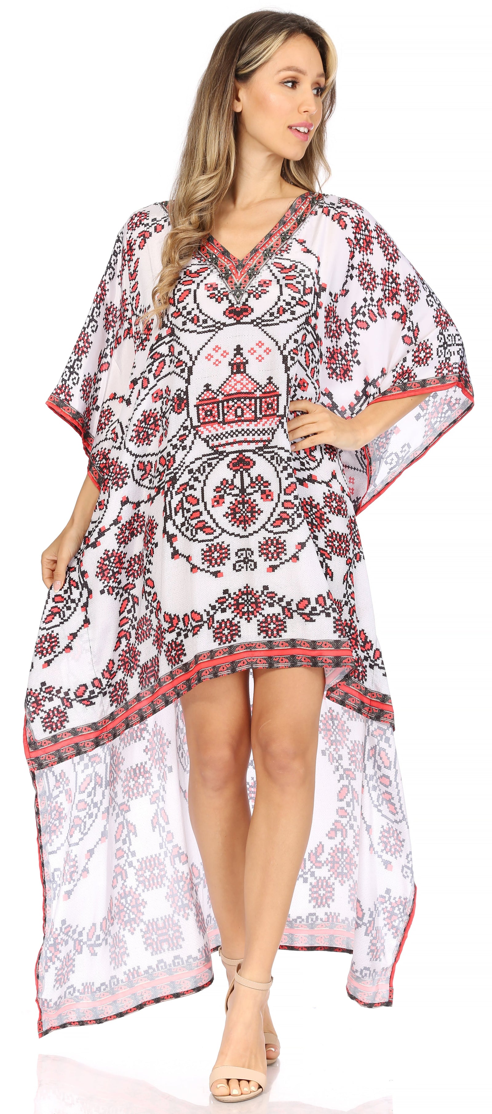 Vestido Sakkas Laisson Flowy Hi-Lo Caftán con diamantes de imitación, cuello en V, corte cuadrado, para cubrir la parte superior