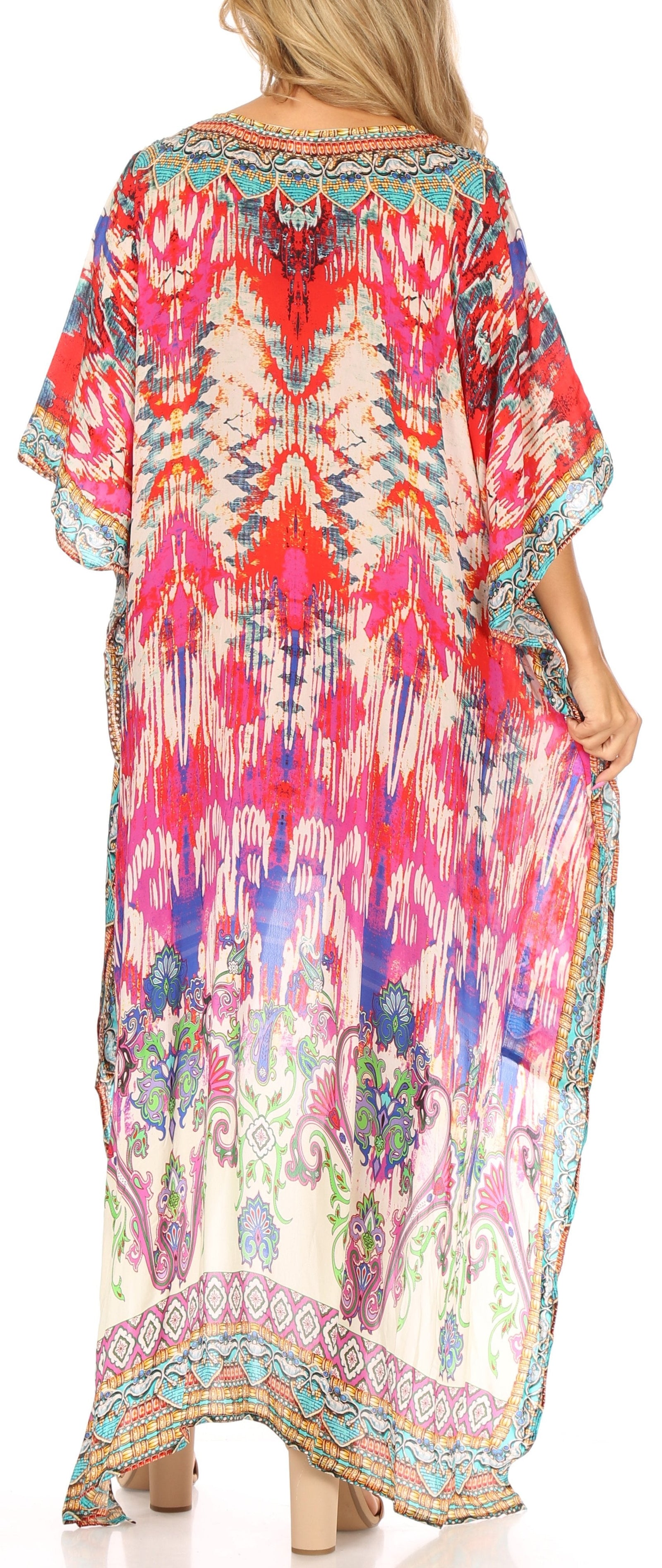 Vestido Sakkas Laisson Flowy Hi-Lo Caftán con diamantes de imitación, cuello en V, corte cuadrado, para cubrir la parte superior