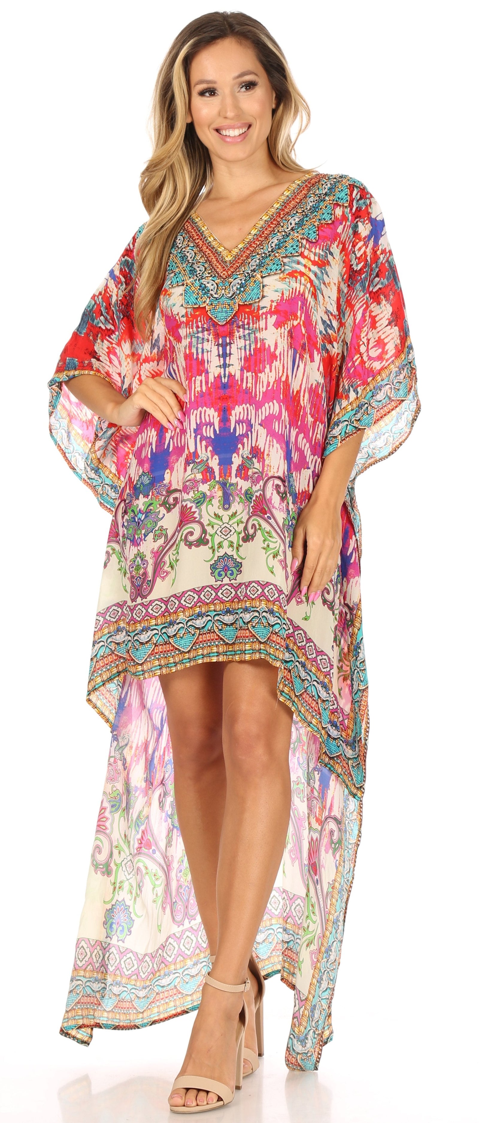 Vestido Sakkas Laisson Flowy Hi-Lo Caftán con diamantes de imitación, cuello en V, corte cuadrado, para cubrir la parte superior