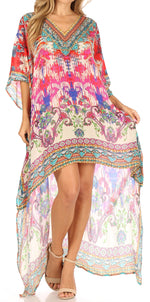 Vestido Sakkas Laisson Flowy Hi-Lo Caftán con diamantes de imitación, cuello en V, corte cuadrado, para cubrir la parte superior