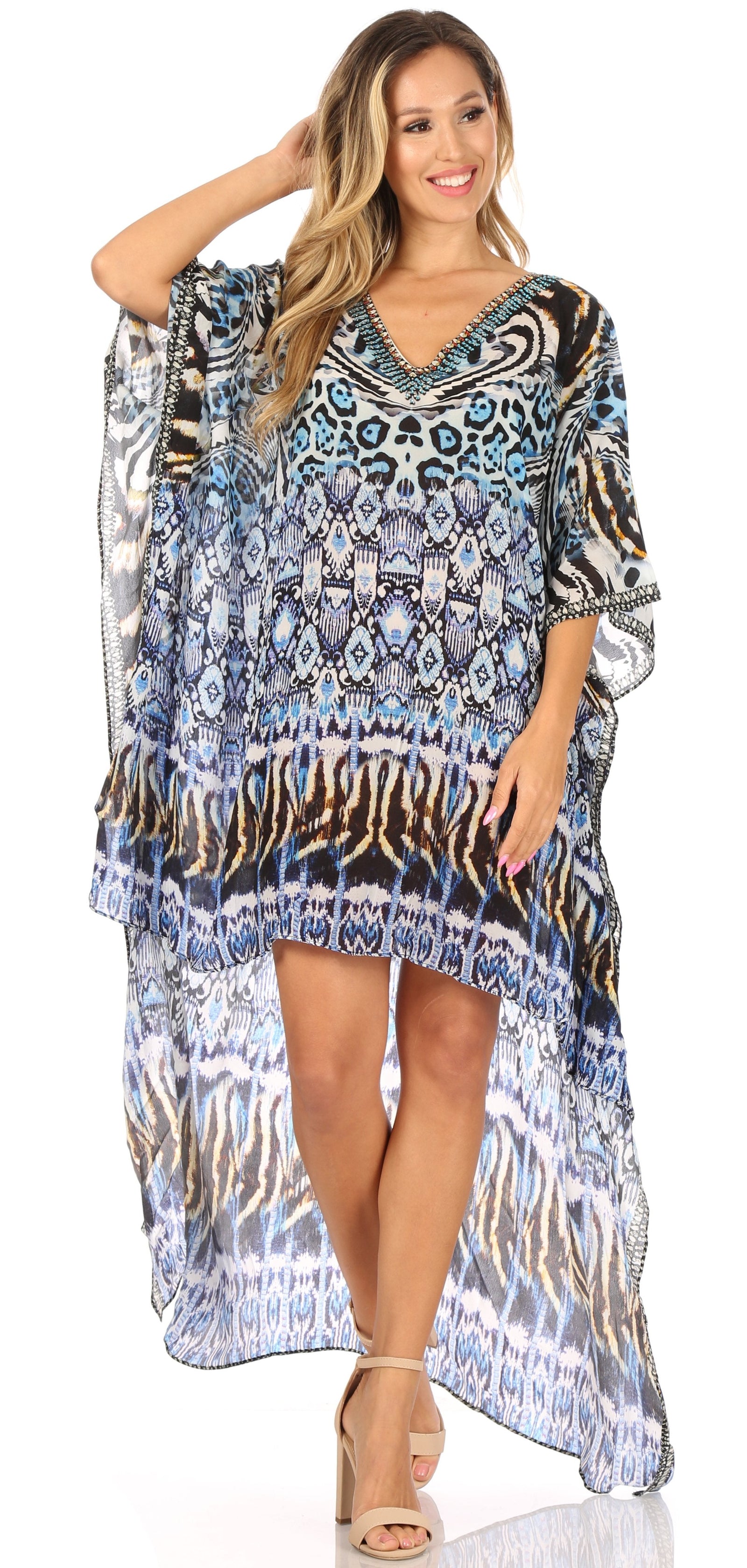 Vestido Sakkas Laisson Flowy Hi-Lo Caftán con diamantes de imitación, cuello en V, corte cuadrado, para cubrir la parte superior