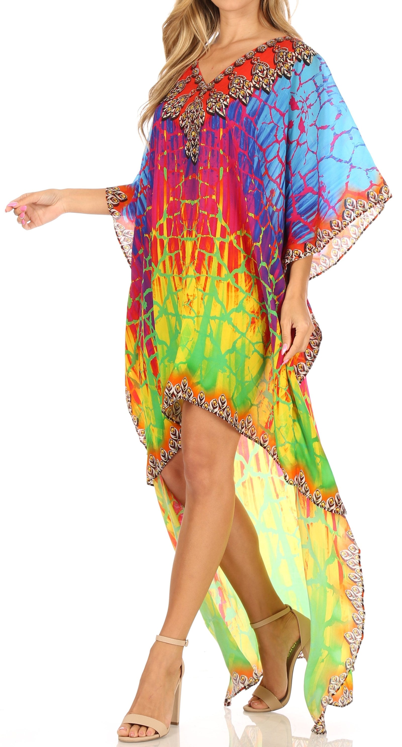 Vestido Sakkas Laisson Flowy Hi-Lo Caftán con diamantes de imitación, cuello en V, corte cuadrado, para cubrir la parte superior