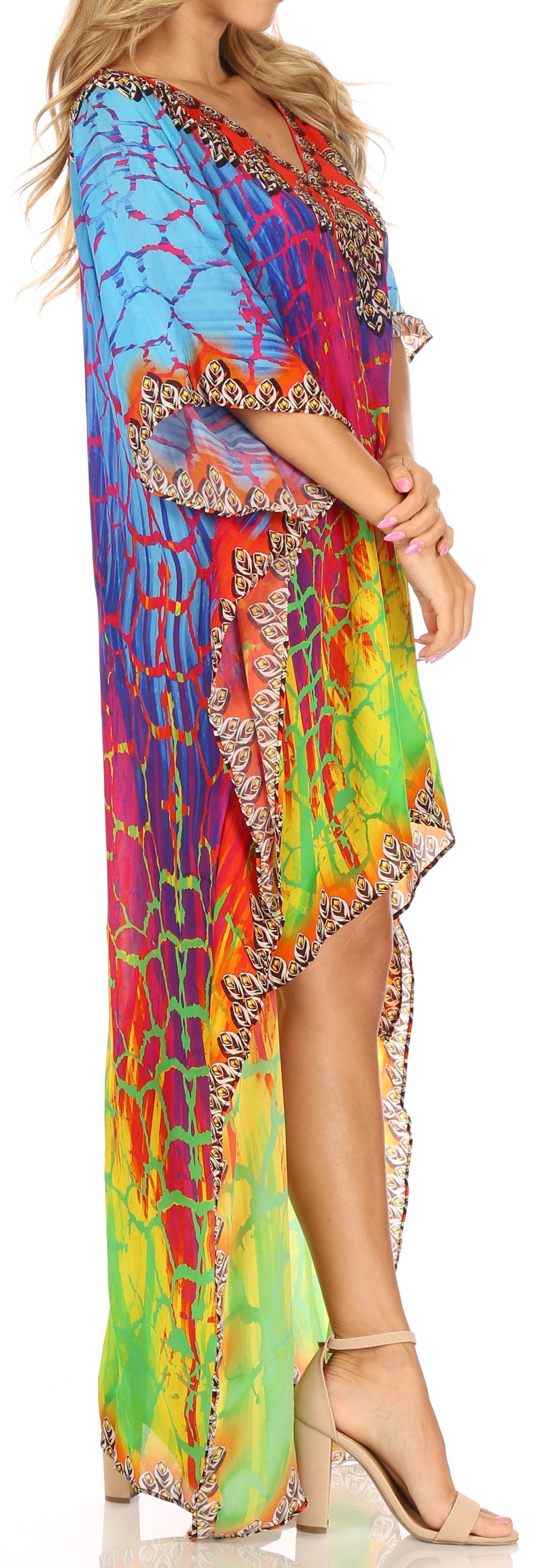 Vestido Sakkas Laisson Flowy Hi-Lo Caftán con diamantes de imitación, cuello en V, corte cuadrado, para cubrir la parte superior