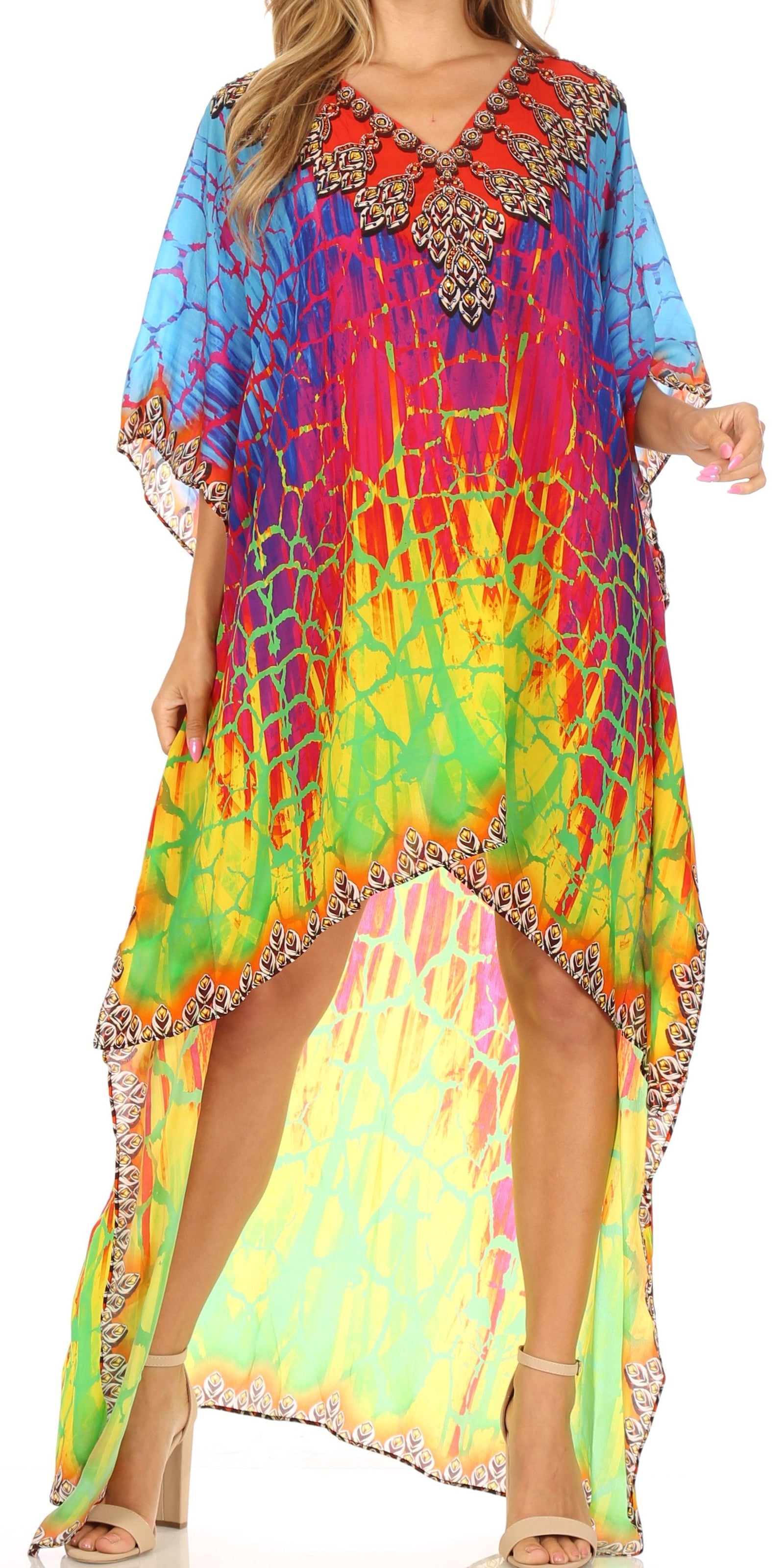Vestido Sakkas Laisson Flowy Hi-Lo Caftán con diamantes de imitación, cuello en V, corte cuadrado, para cubrir la parte superior