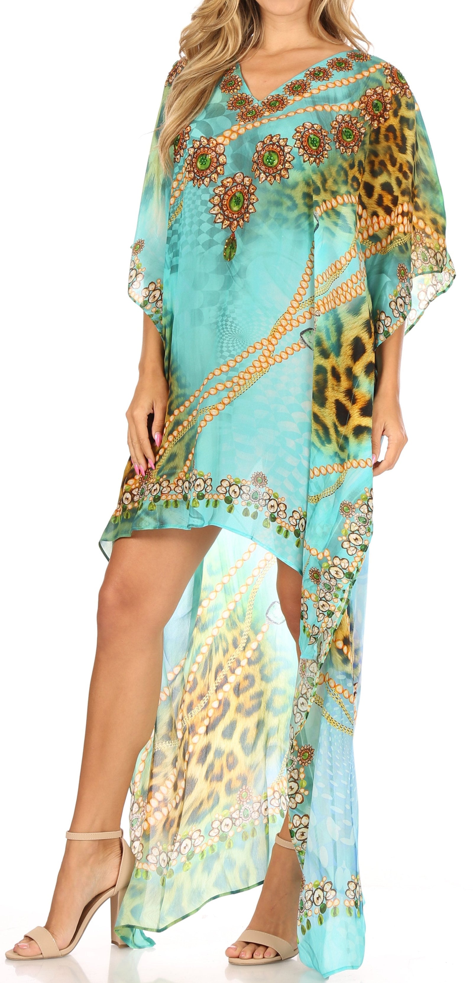Vestido Sakkas Laisson Flowy Hi-Lo Caftán con diamantes de imitación, cuello en V, corte cuadrado, para cubrir la parte superior