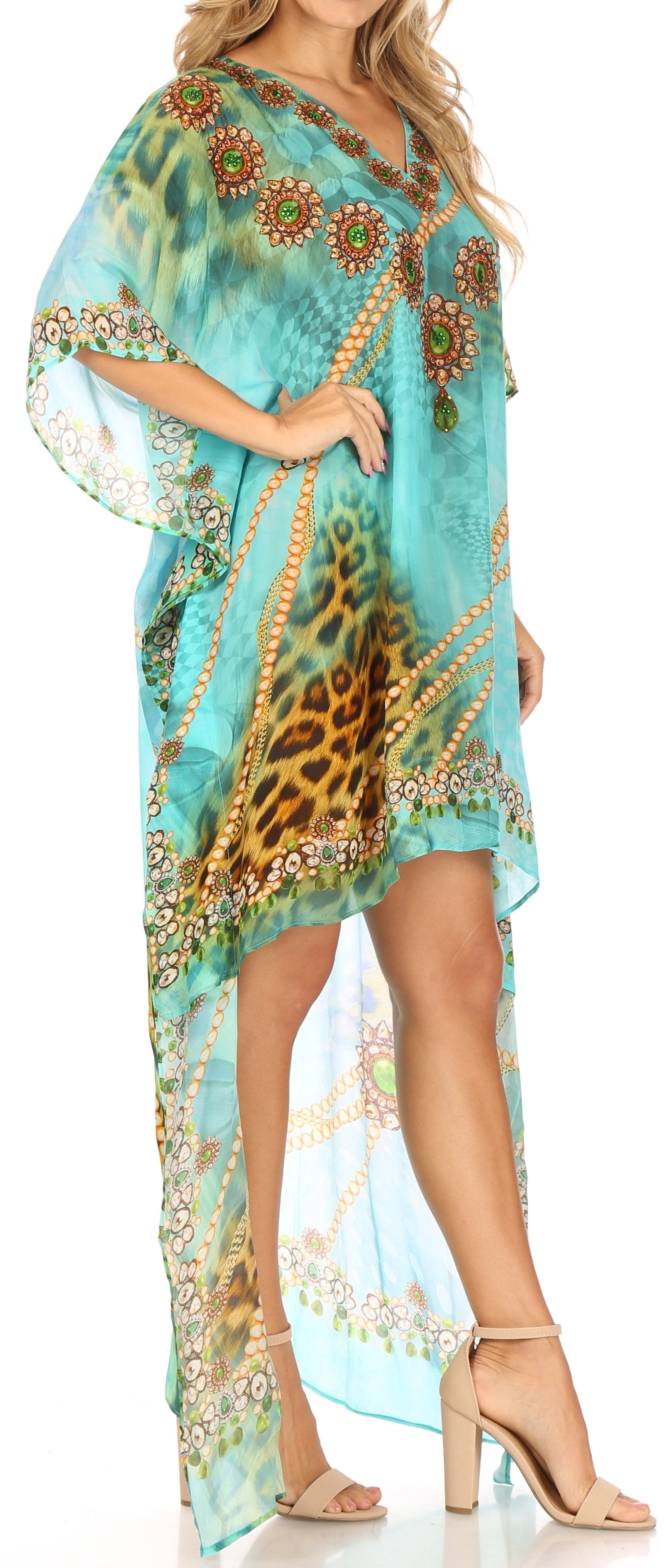 Vestido Sakkas Laisson Flowy Hi-Lo Caftán con diamantes de imitación, cuello en V, corte cuadrado, para cubrir la parte superior