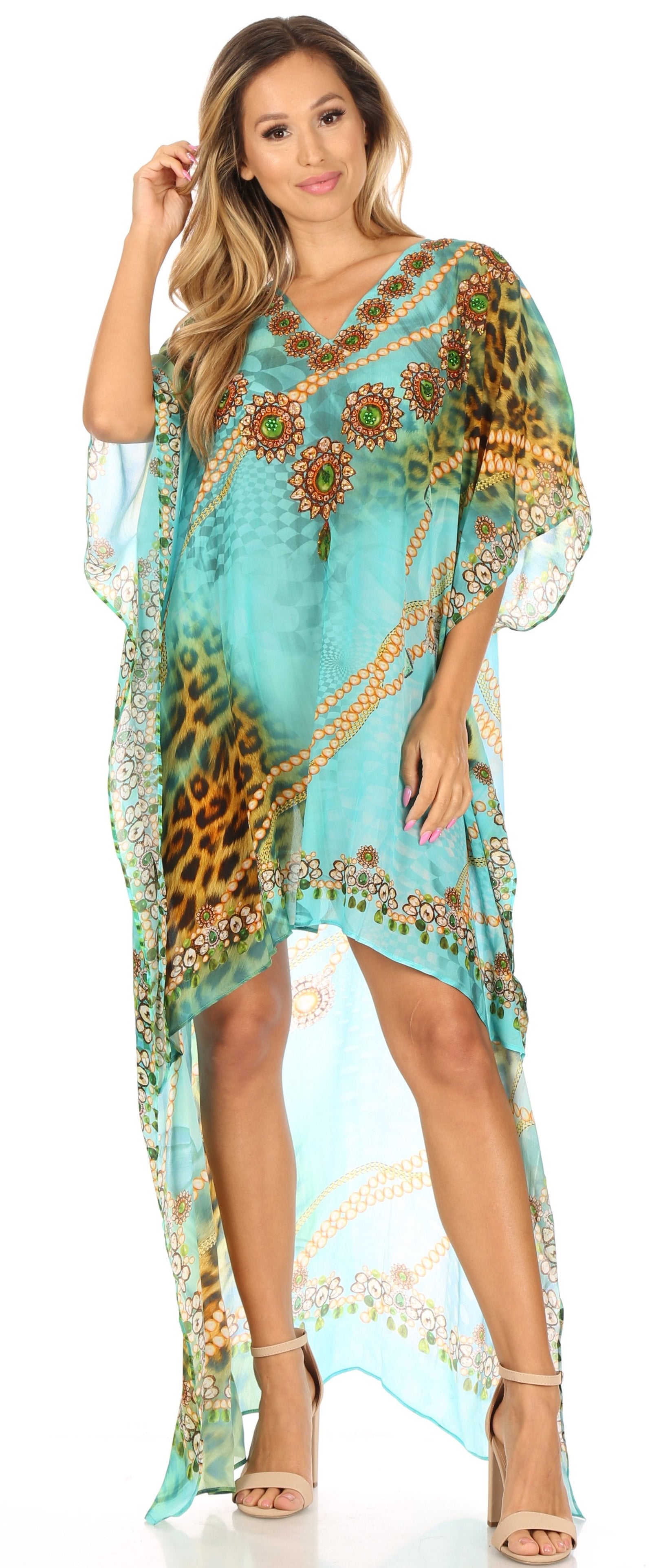 Vestido Sakkas Laisson Flowy Hi-Lo Caftán con diamantes de imitación, cuello en V, corte cuadrado, para cubrir la parte superior