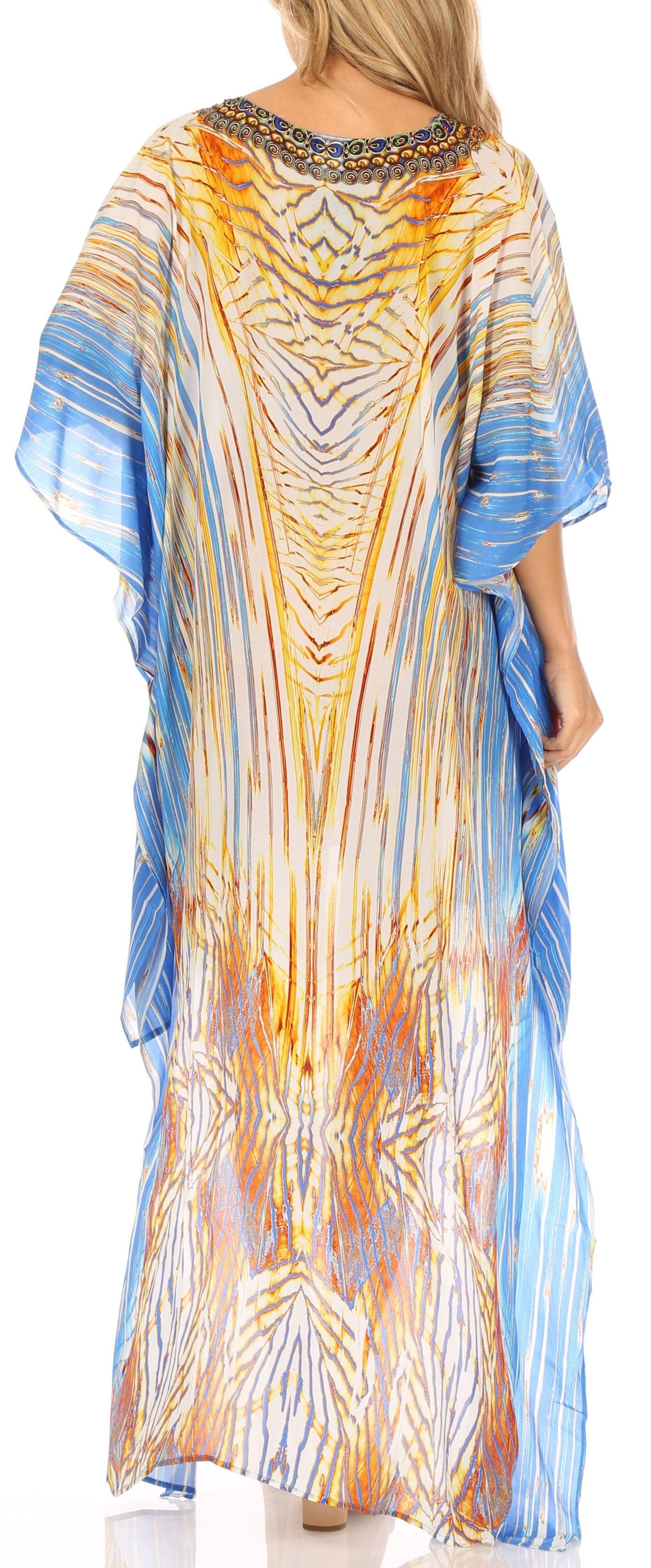 Vestido Sakkas Laisson Flowy Hi-Lo Caftán con diamantes de imitación, cuello en V, corte cuadrado, para cubrir la parte superior