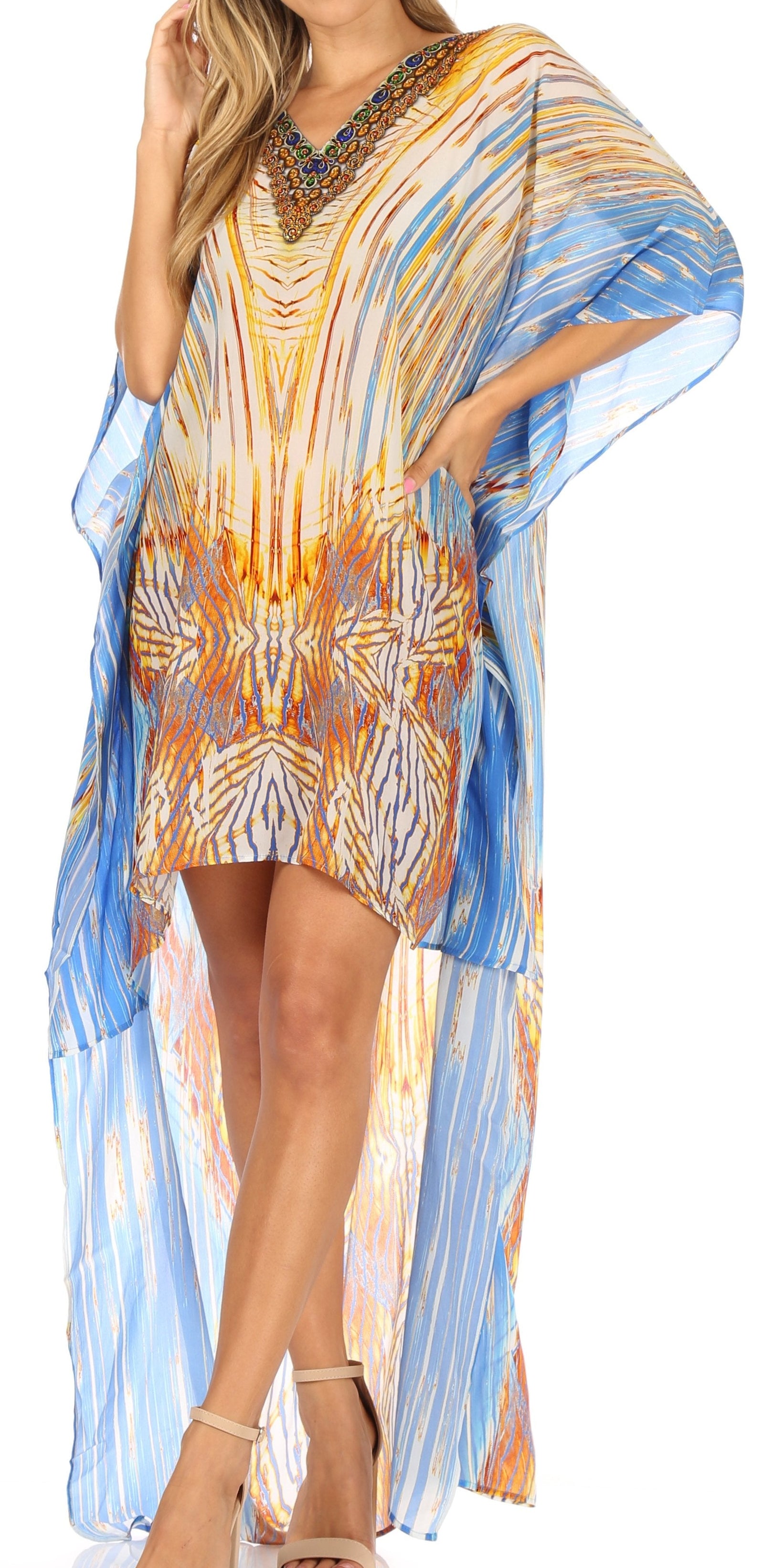 Vestido Sakkas Laisson Flowy Hi-Lo Caftán con diamantes de imitación, cuello en V, corte cuadrado, para cubrir la parte superior