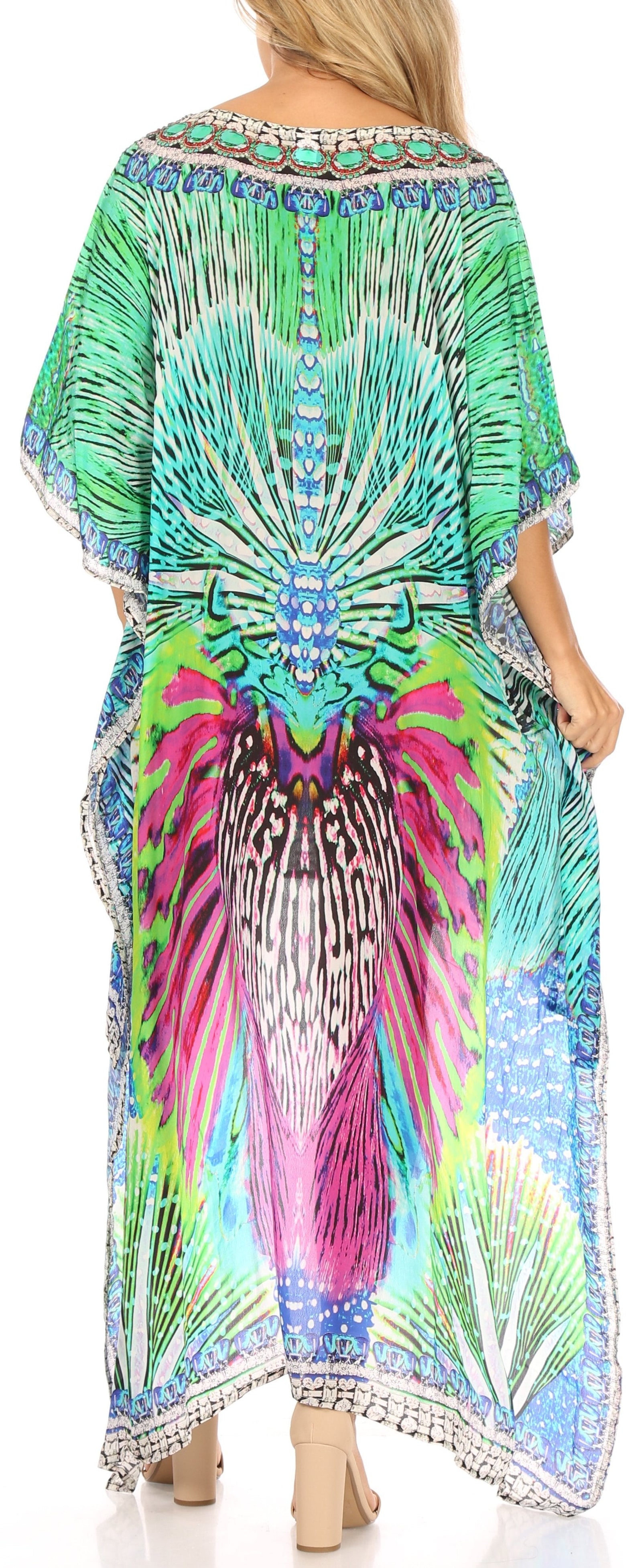Vestido Sakkas Laisson Flowy Hi-Lo Caftán con diamantes de imitación, cuello en V, corte cuadrado, para cubrir la parte superior