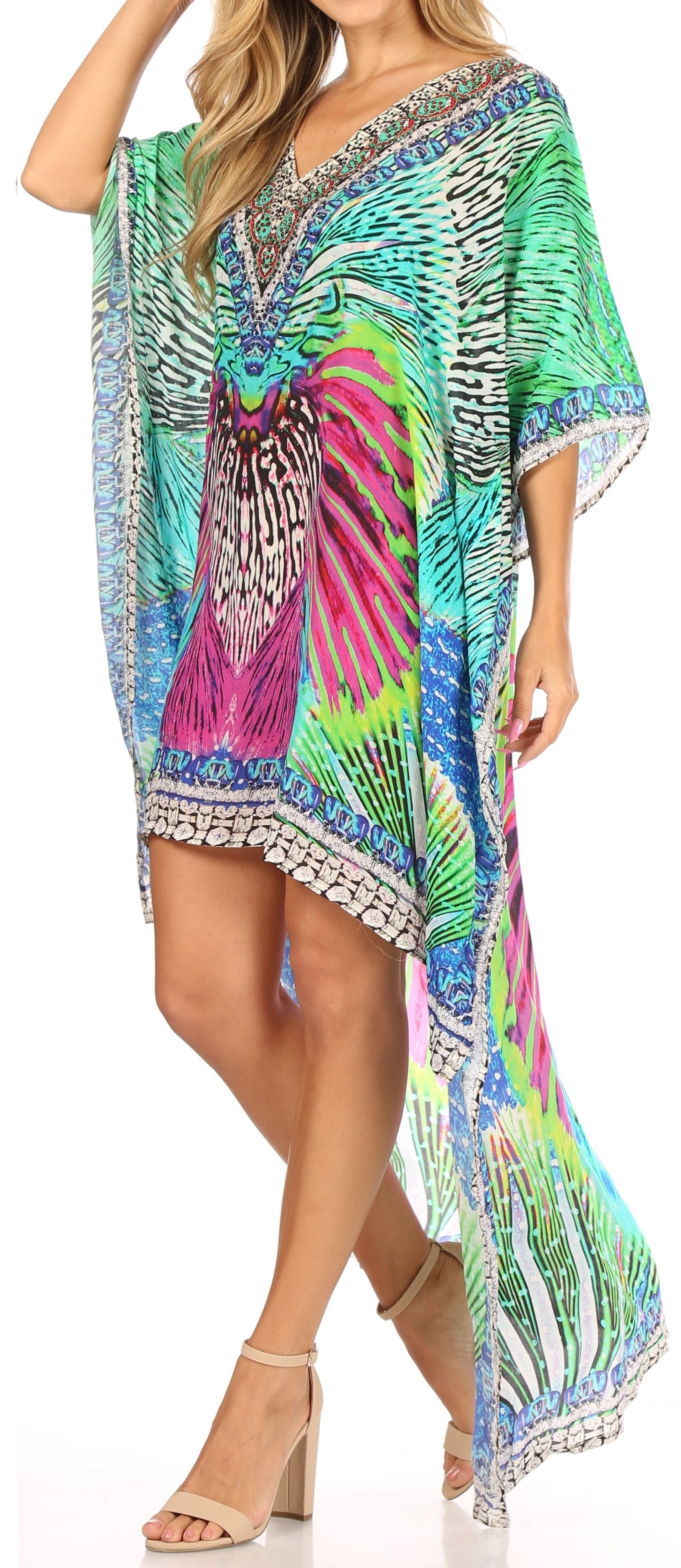 Vestido Sakkas Laisson Flowy Hi-Lo Caftán con diamantes de imitación, cuello en V, corte cuadrado, para cubrir la parte superior
