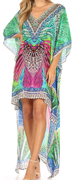 Vestido Sakkas Laisson Flowy Hi-Lo Caftán con diamantes de imitación, cuello en V, corte cuadrado, para cubrir la parte superior