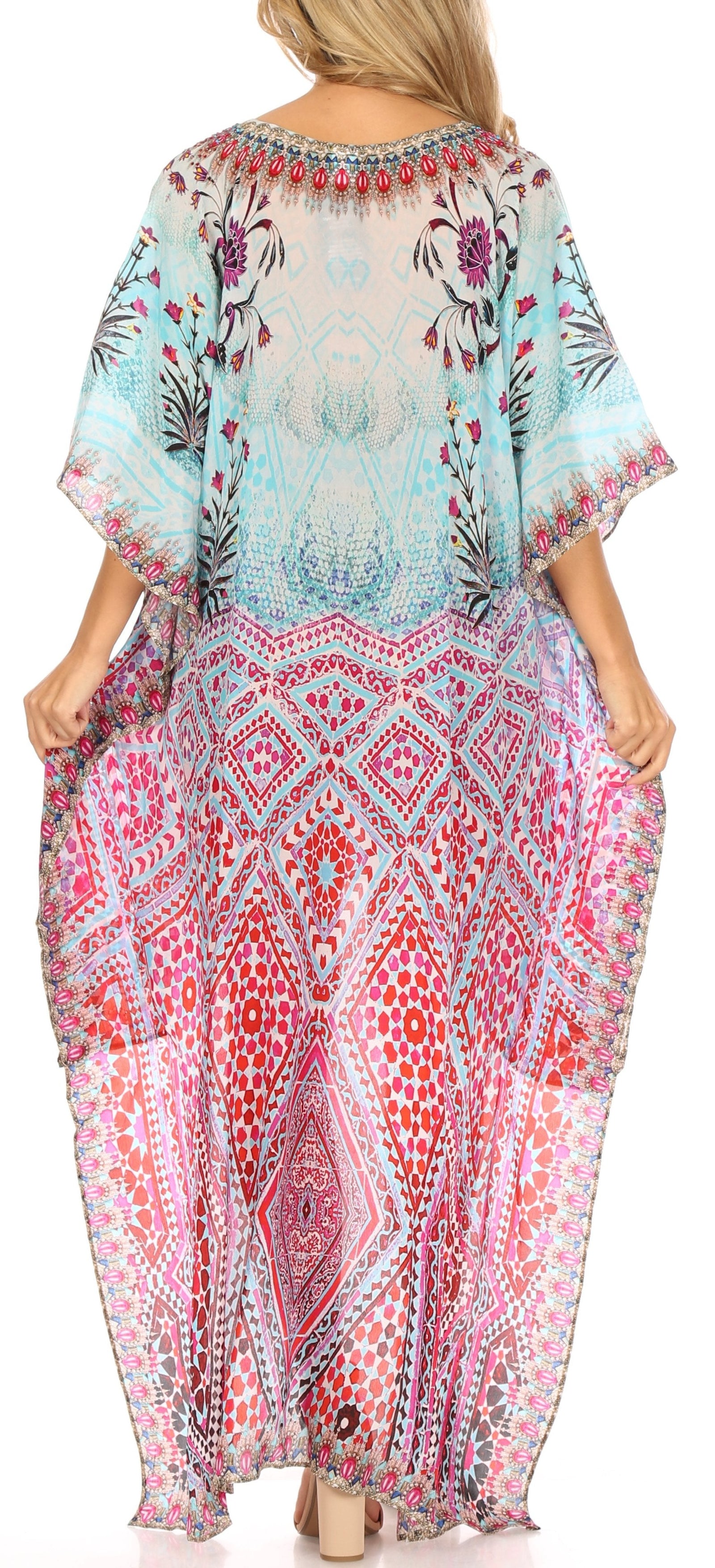 Vestido Sakkas Laisson Flowy Hi-Lo Caftán con diamantes de imitación, cuello en V, corte cuadrado, para cubrir la parte superior