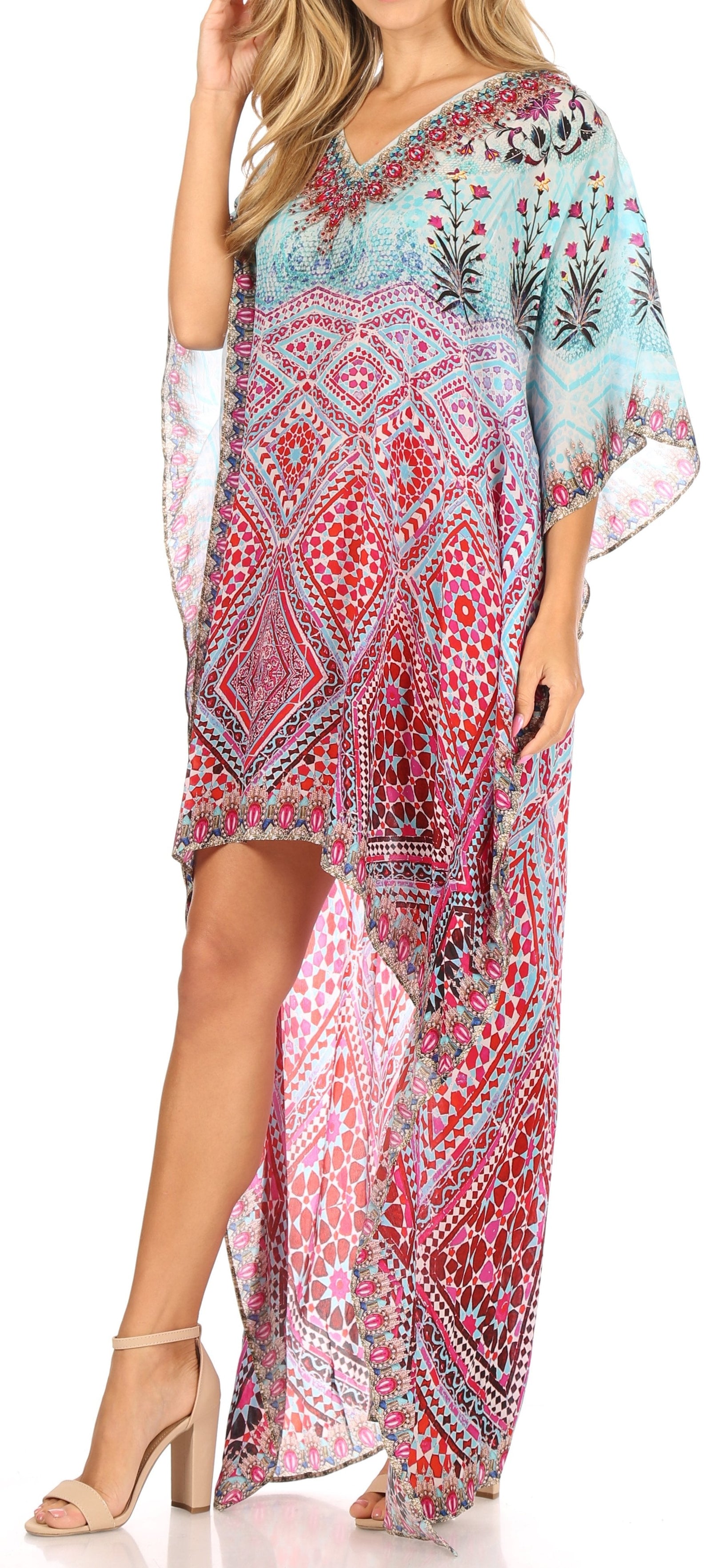 Vestido Sakkas Laisson Flowy Hi-Lo Caftán con diamantes de imitación, cuello en V, corte cuadrado, para cubrir la parte superior