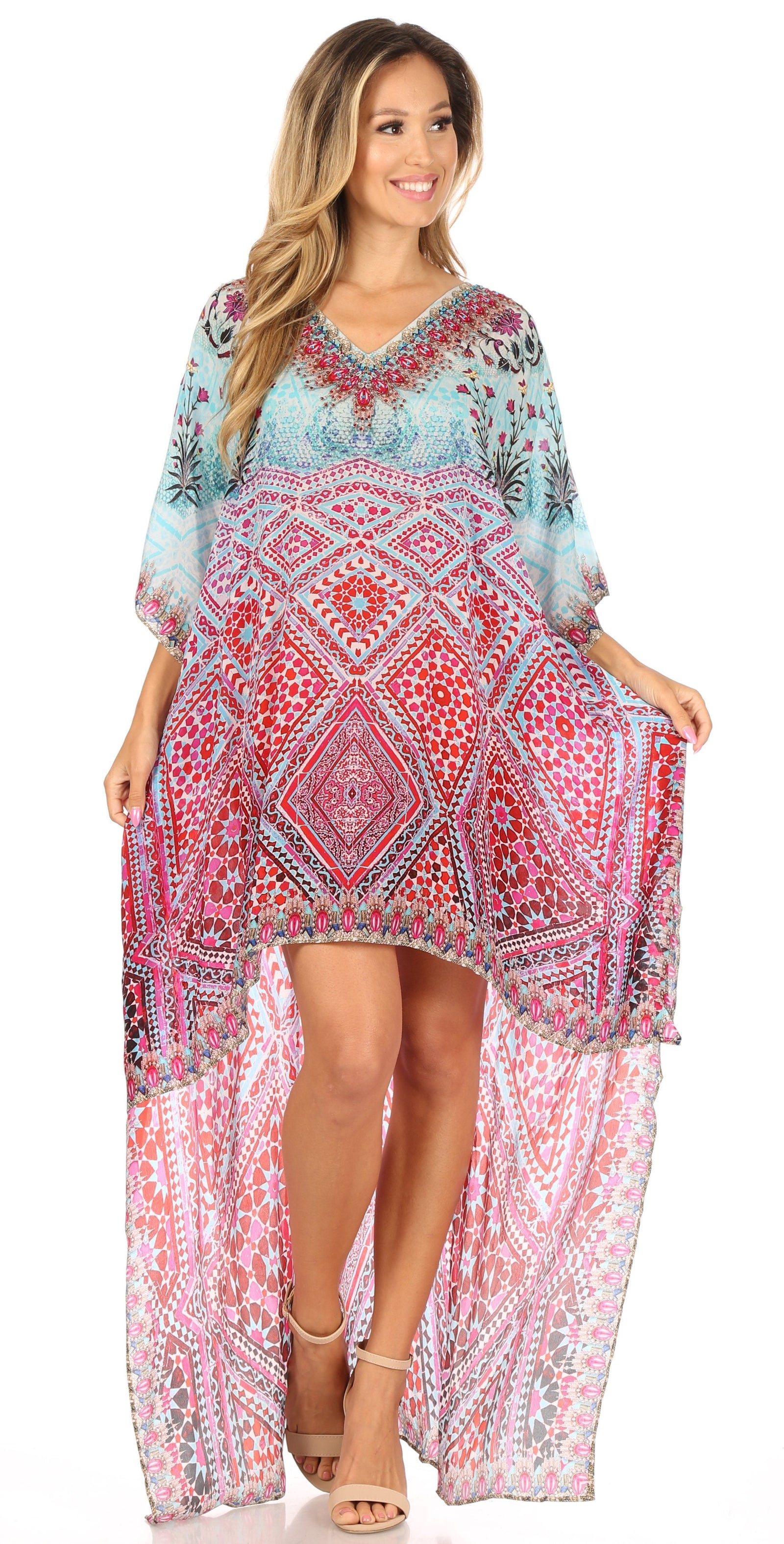 Vestido Sakkas Laisson Flowy Hi-Lo Caftán con diamantes de imitación, cuello en V, corte cuadrado, para cubrir la parte superior