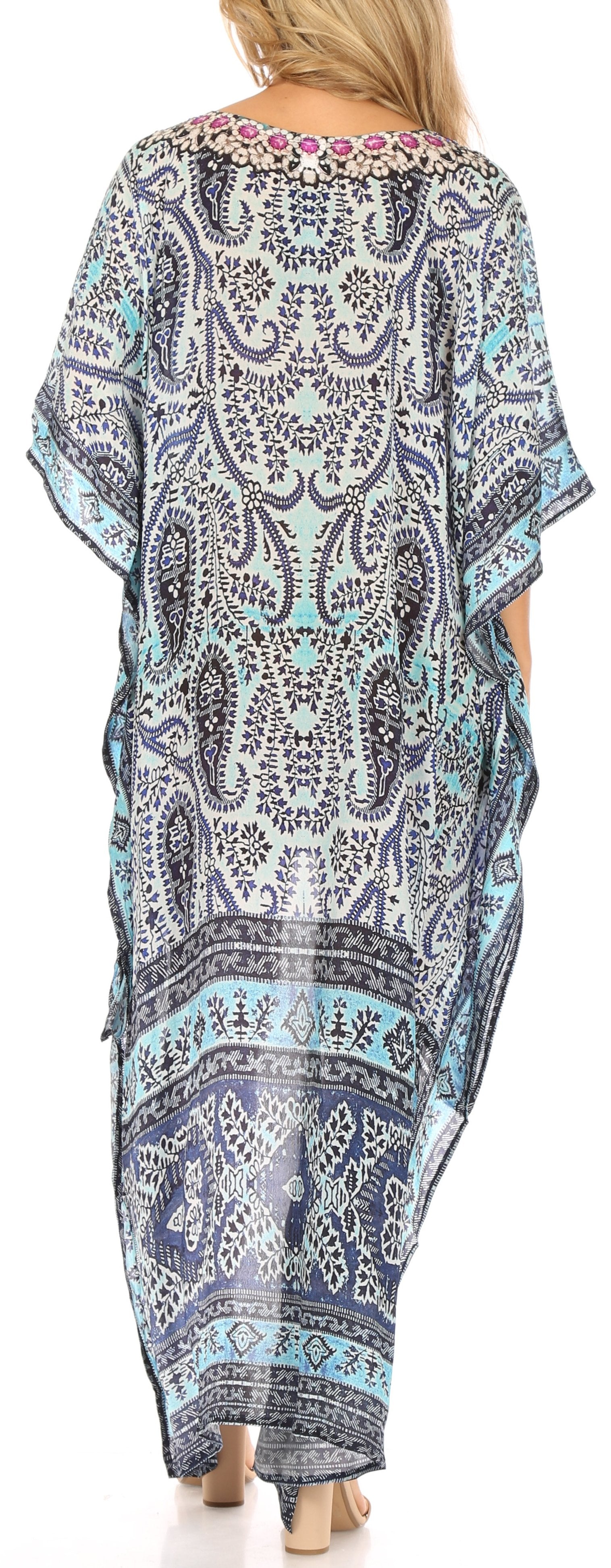 Vestido Sakkas Laisson Flowy Hi-Lo Caftán con diamantes de imitación, cuello en V, corte cuadrado, para cubrir la parte superior