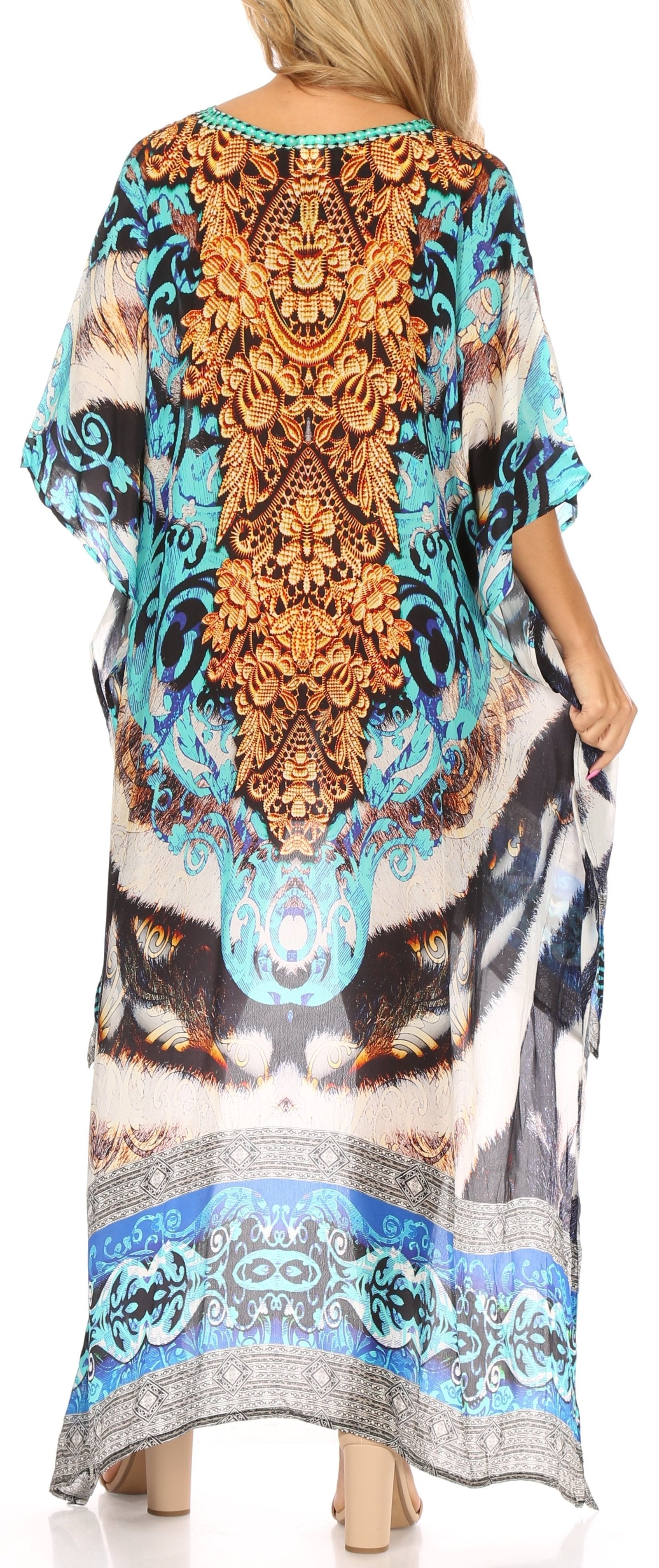 Vestido Sakkas Laisson Flowy Hi-Lo Caftán con diamantes de imitación, cuello en V, corte cuadrado, para cubrir la parte superior