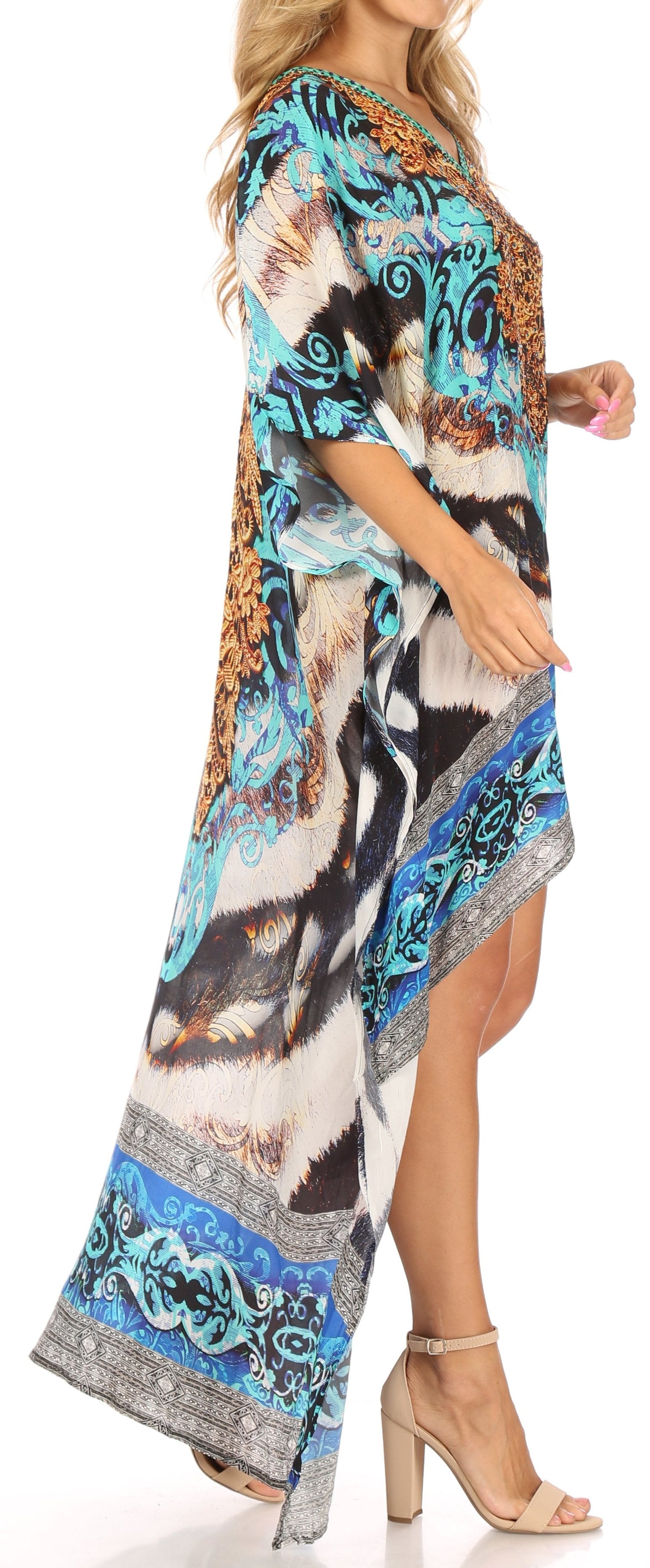Vestido Sakkas Laisson Flowy Hi-Lo Caftán con diamantes de imitación, cuello en V, corte cuadrado, para cubrir la parte superior