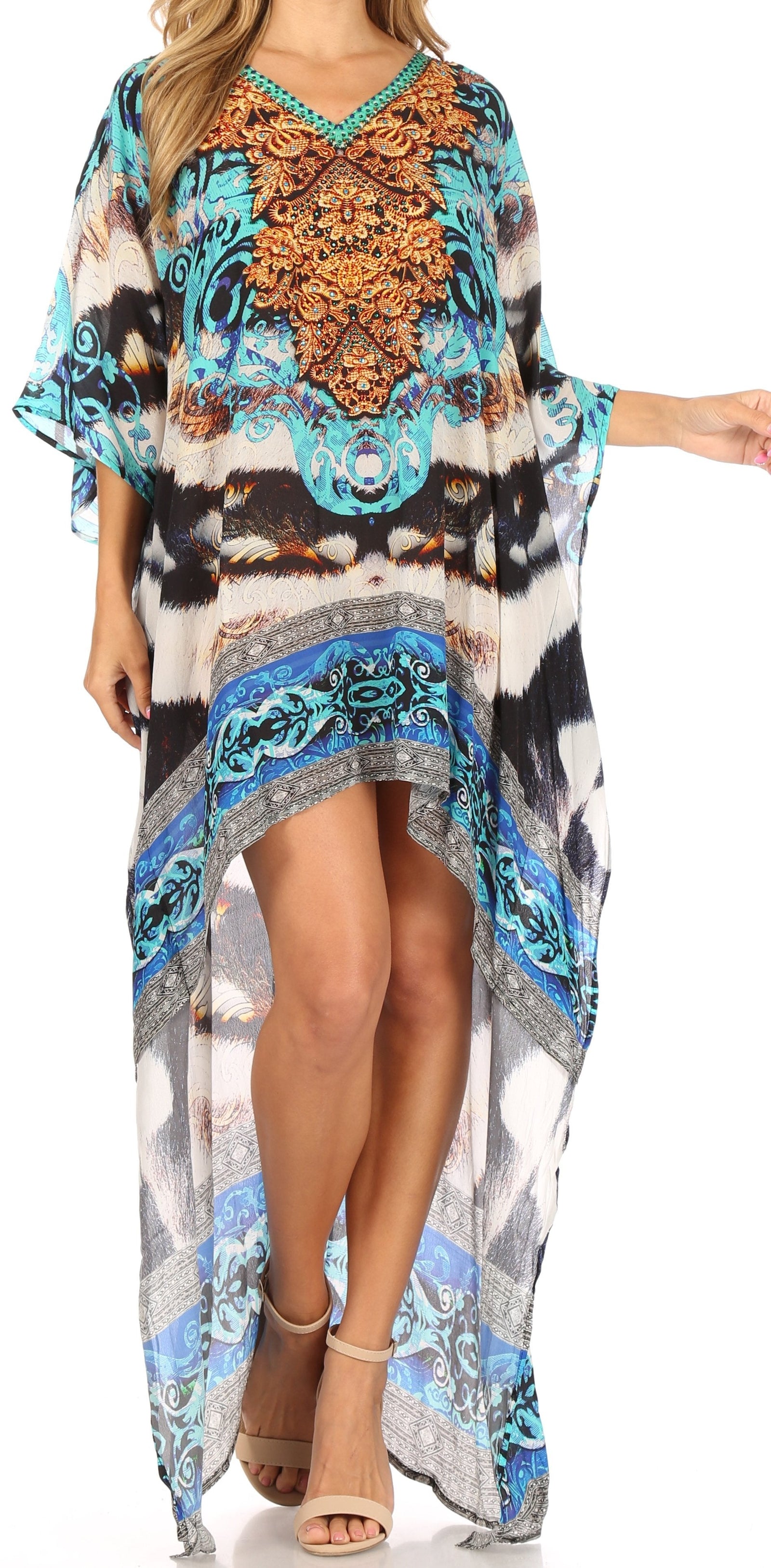 Vestido Sakkas Laisson Flowy Hi-Lo Caftán con diamantes de imitación, cuello en V, corte cuadrado, para cubrir la parte superior