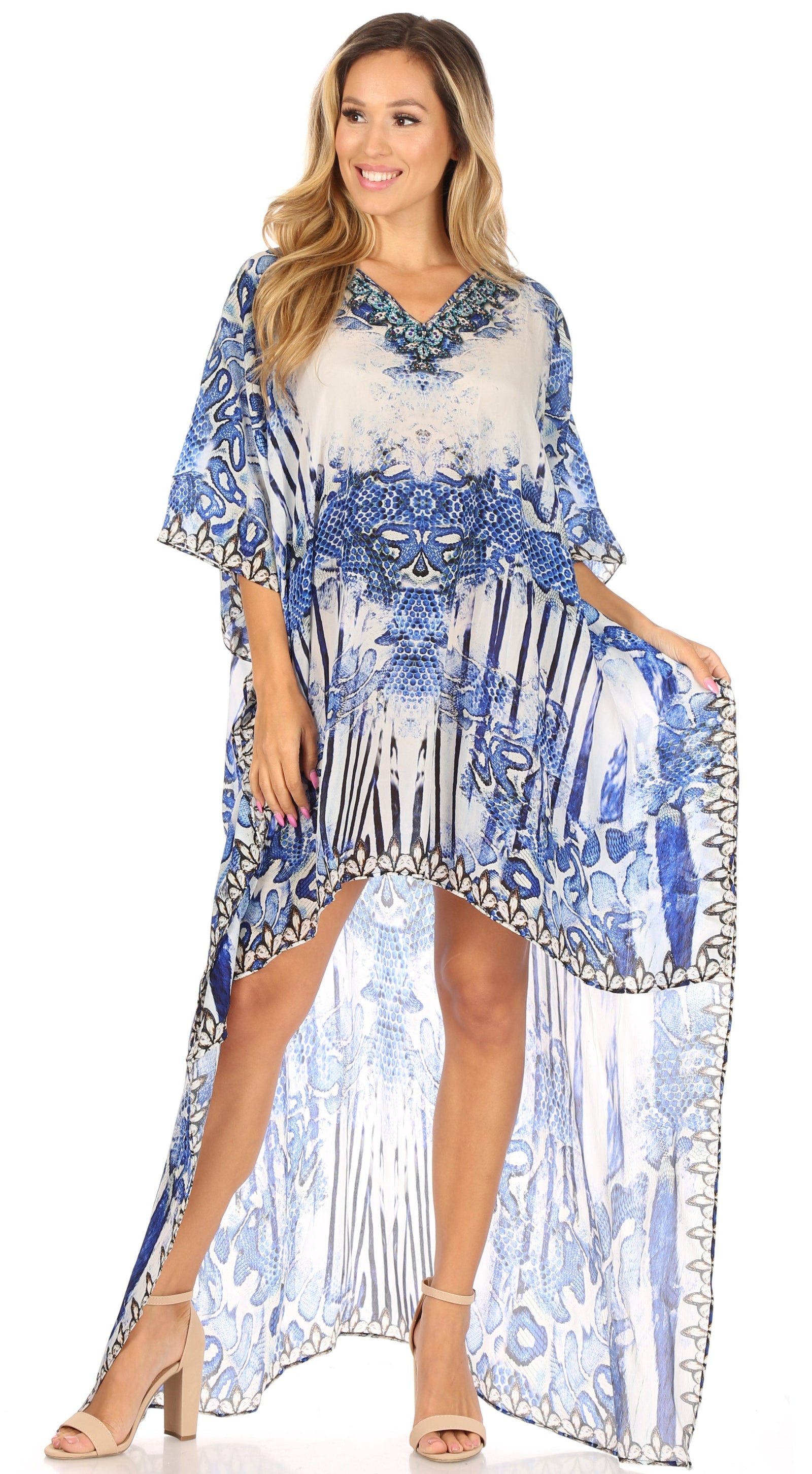 Vestido Sakkas Laisson Flowy Hi-Lo Caftán con diamantes de imitación, cuello en V, corte cuadrado, para cubrir la parte superior