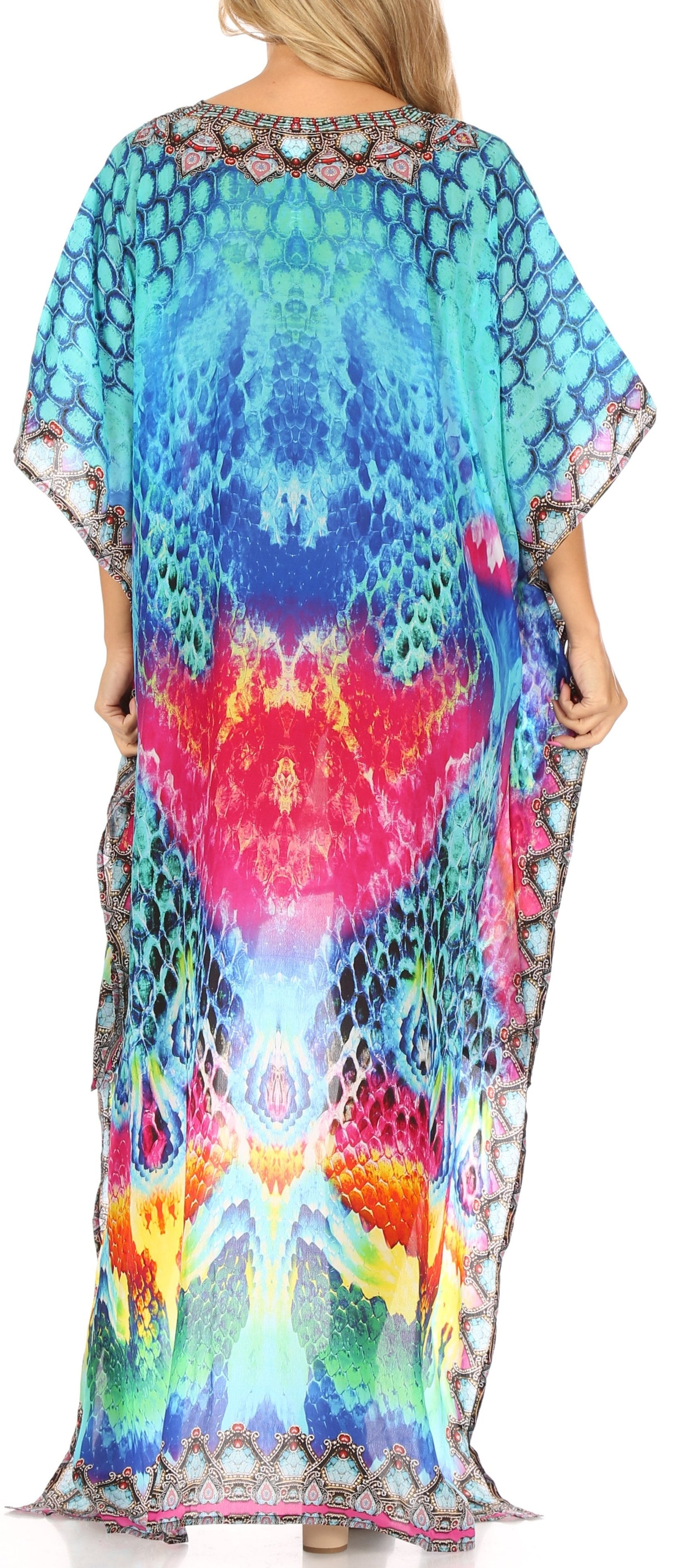 Vestido Sakkas Laisson Flowy Hi-Lo Caftán con diamantes de imitación, cuello en V, corte cuadrado, para cubrir la parte superior