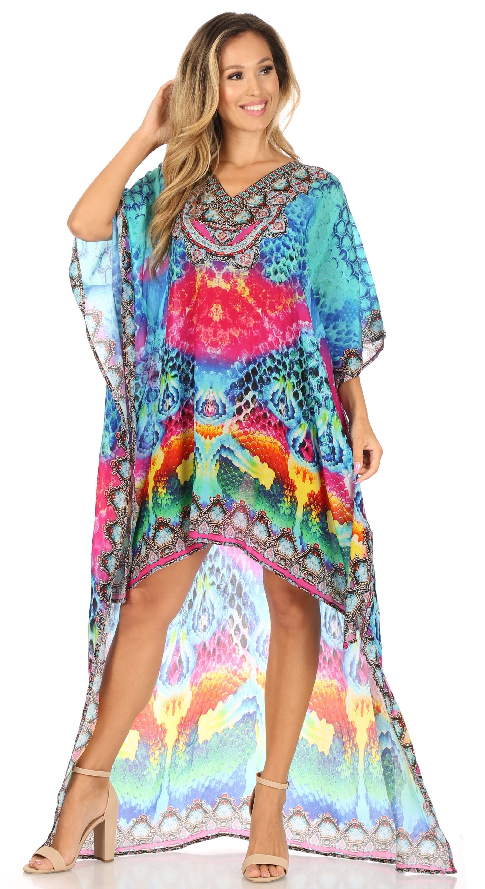 Vestido Sakkas Laisson Flowy Hi-Lo Caftán con diamantes de imitación, cuello en V, corte cuadrado, para cubrir la parte superior