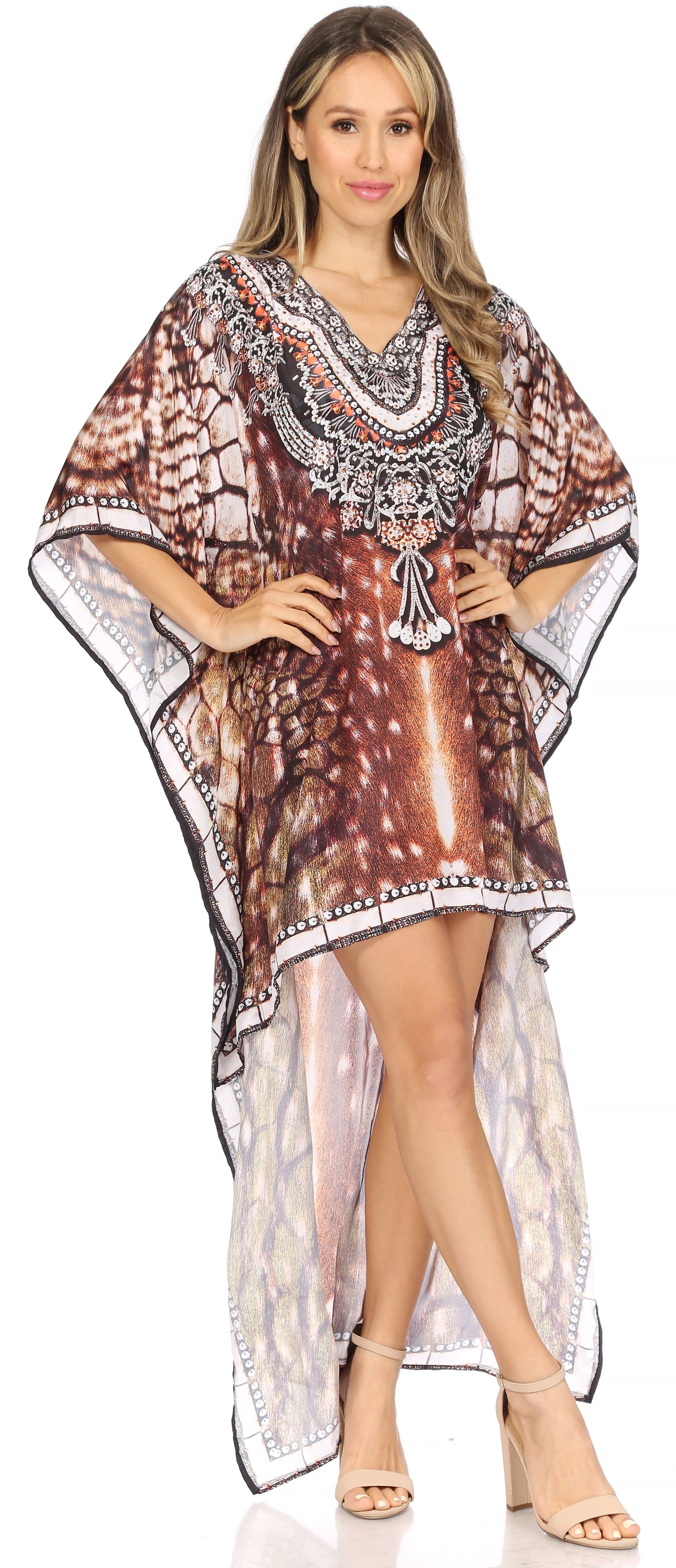 Vestido Sakkas Laisson Flowy Hi-Lo Caftán con diamantes de imitación, cuello en V, corte cuadrado, para cubrir la parte superior