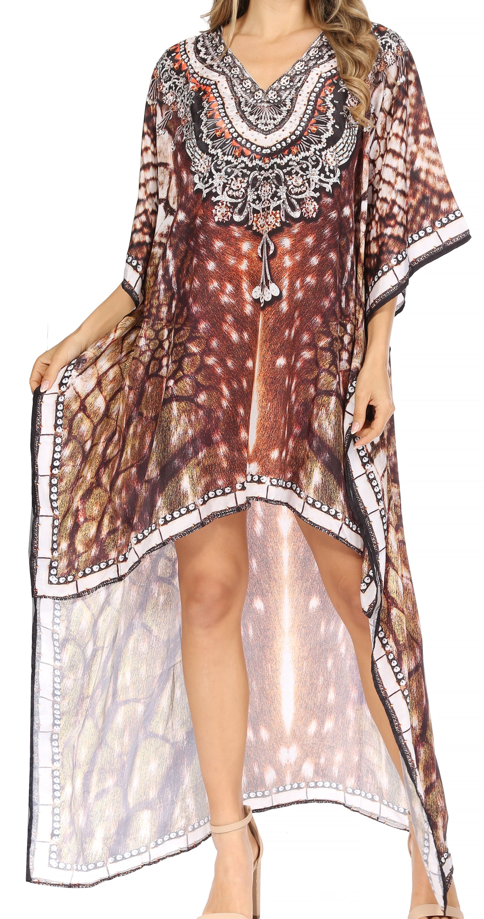 Vestido Sakkas Laisson Flowy Hi-Lo Caftán con diamantes de imitación, cuello en V, corte cuadrado, para cubrir la parte superior