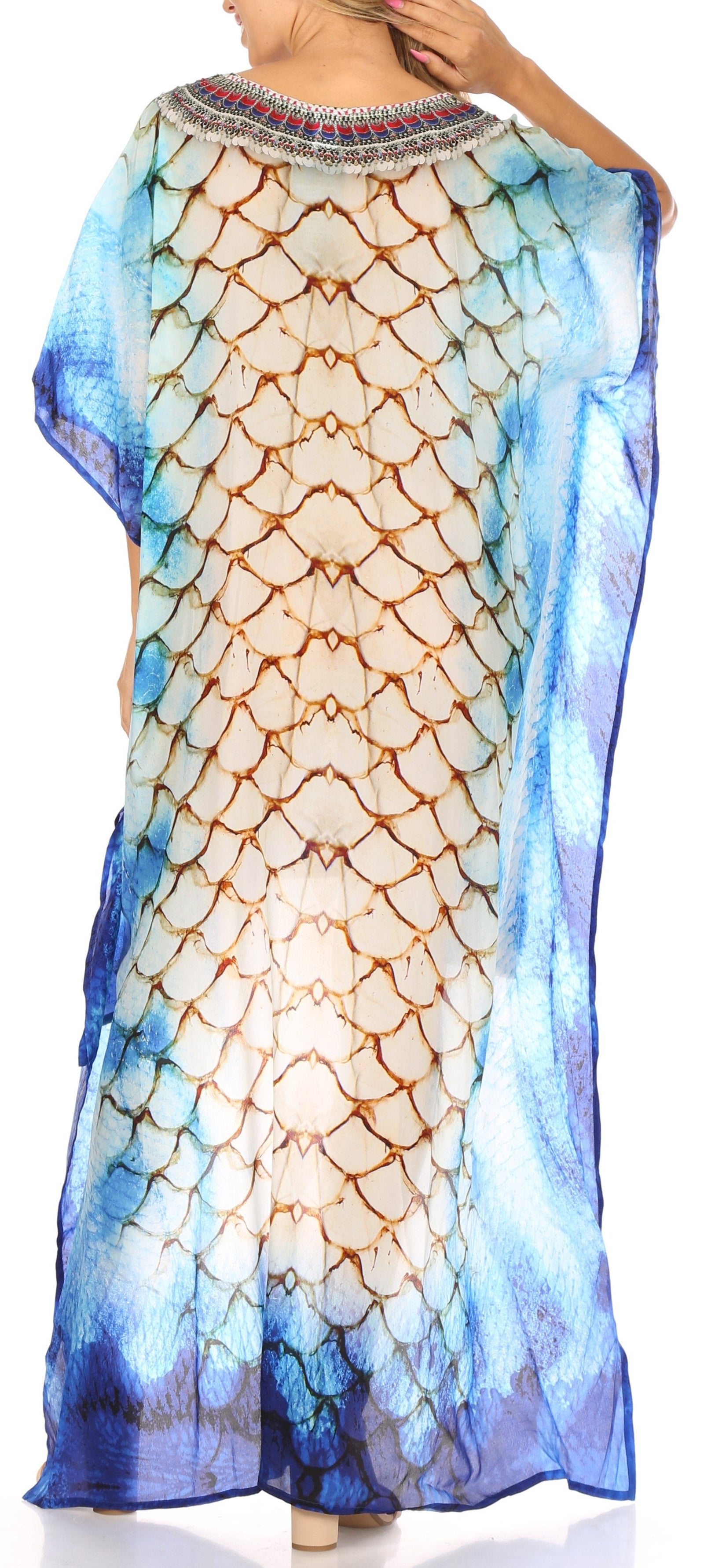Vestido Sakkas Laisson Flowy Hi-Lo Caftán con diamantes de imitación, cuello en V, corte cuadrado, para cubrir la parte superior