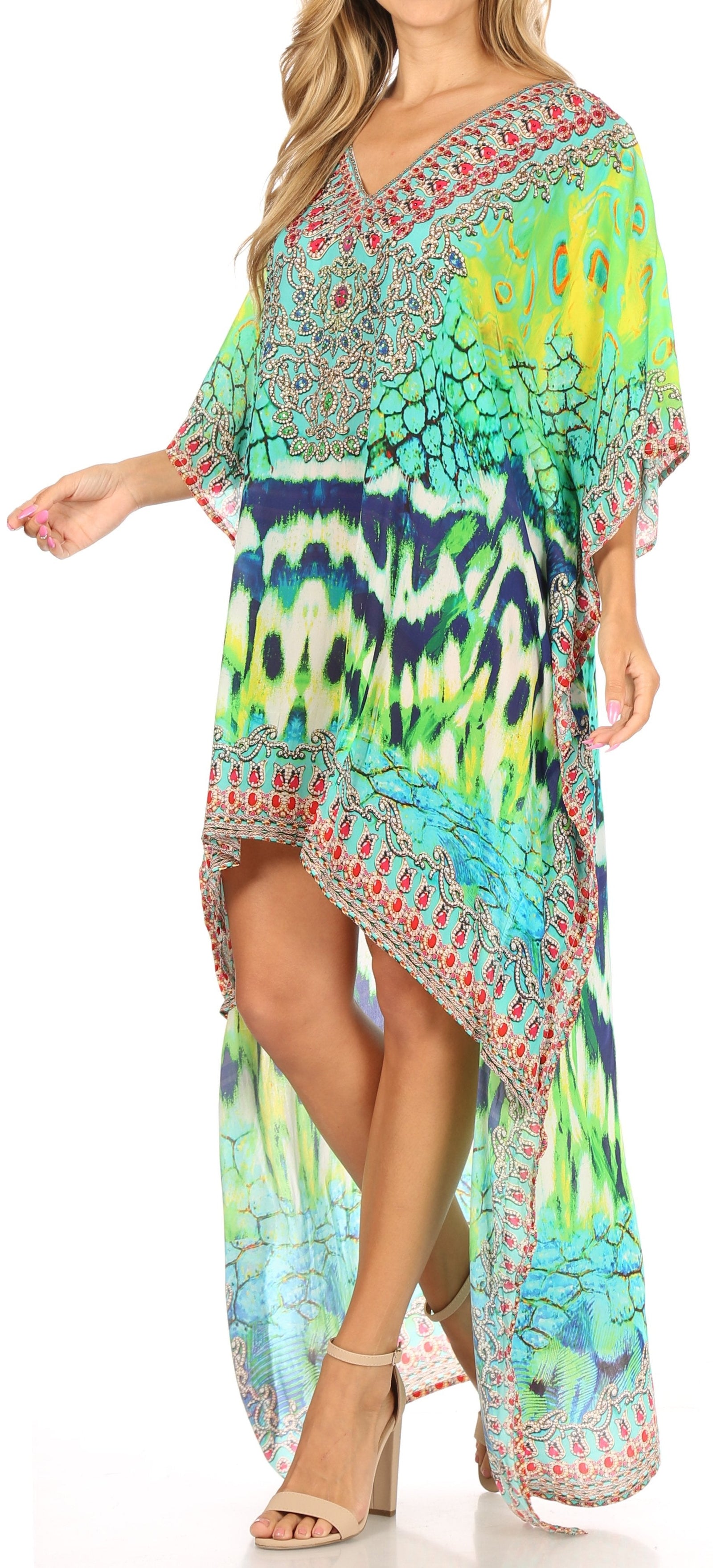 Vestido Sakkas Laisson Flowy Hi-Lo Caftán con diamantes de imitación, cuello en V, corte cuadrado, para cubrir la parte superior