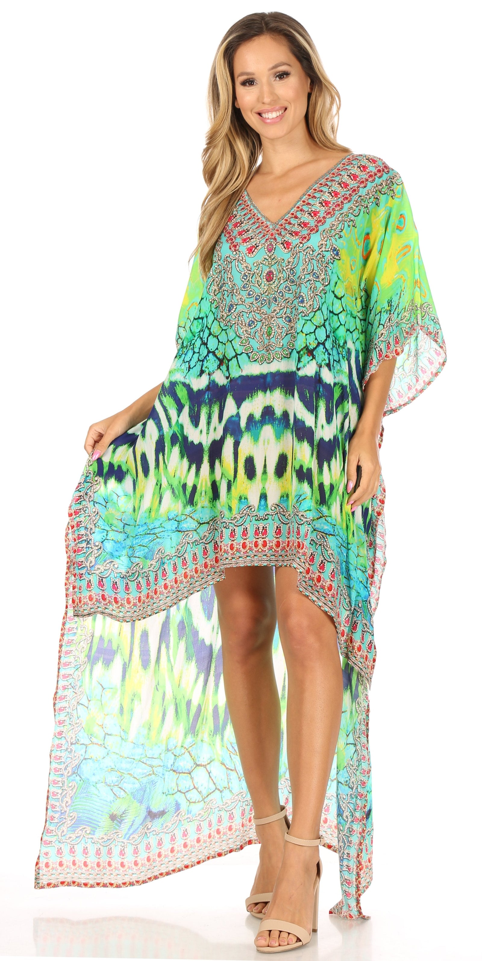 Vestido Sakkas Laisson Flowy Hi-Lo Caftán con diamantes de imitación, cuello en V, corte cuadrado, para cubrir la parte superior