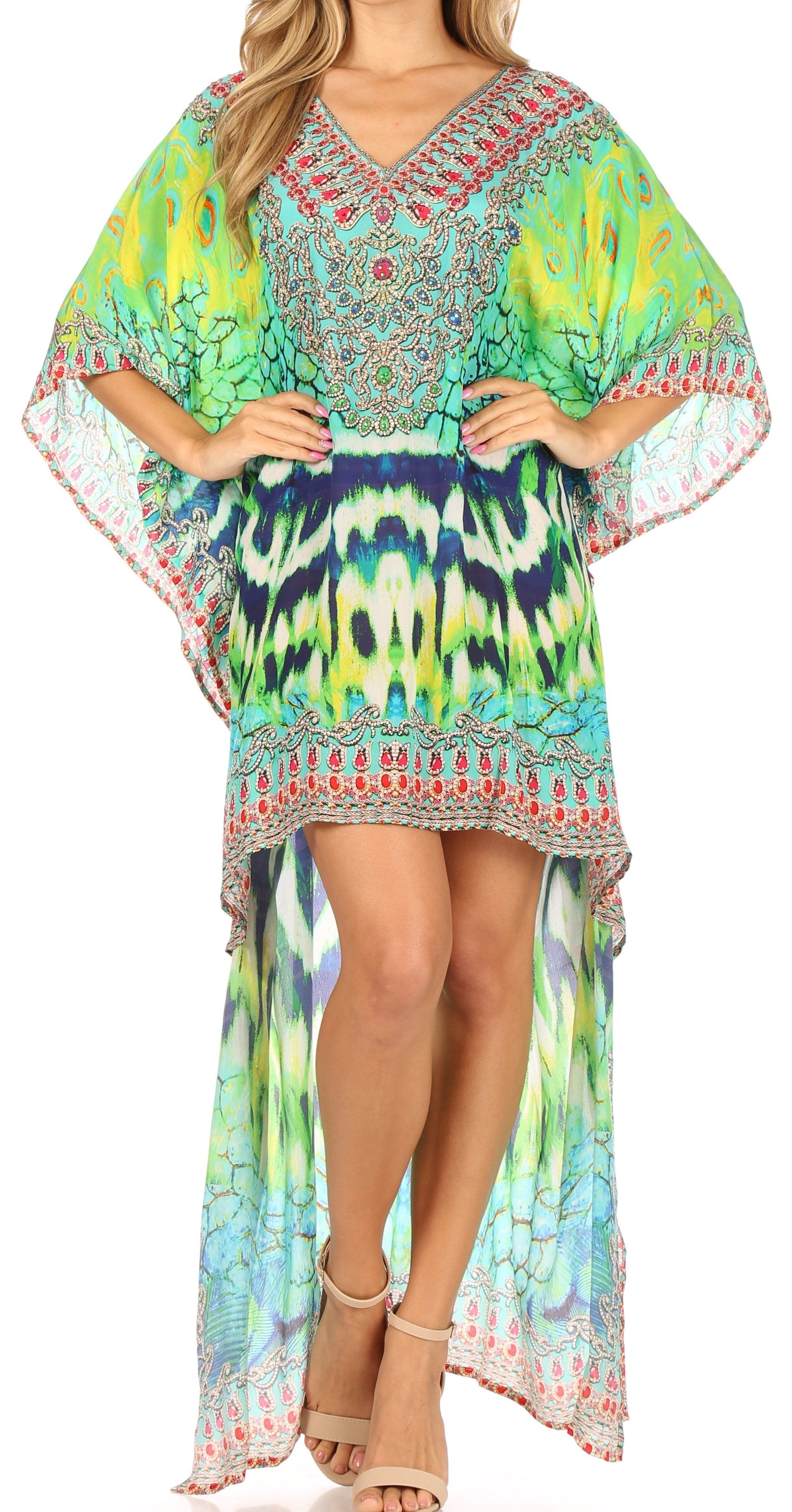 Vestido Sakkas Laisson Flowy Hi-Lo Caftán con diamantes de imitación, cuello en V, corte cuadrado, para cubrir la parte superior
