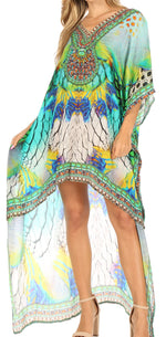Vestido Sakkas Laisson Flowy Hi-Lo Caftán con diamantes de imitación, cuello en V, corte cuadrado, para cubrir la parte superior