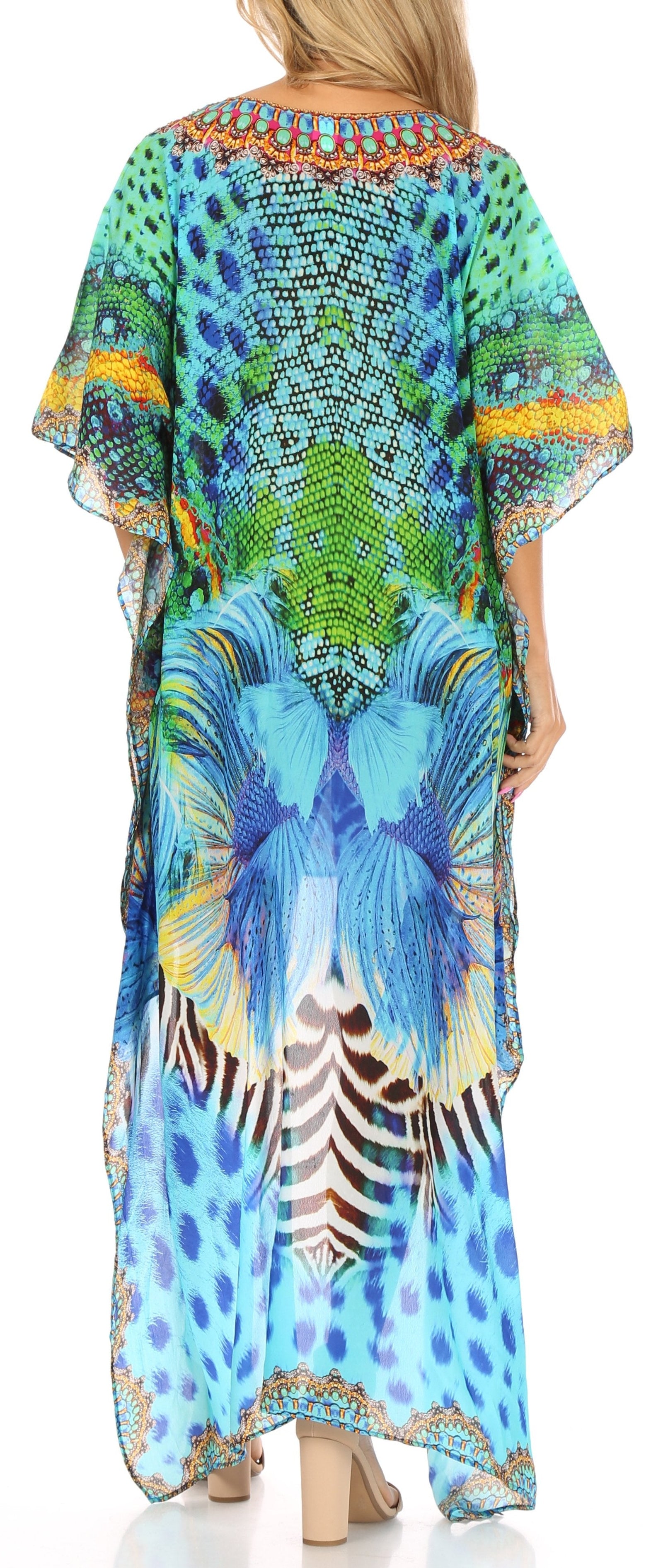 Vestido Sakkas Laisson Flowy Hi-Lo Caftán con diamantes de imitación, cuello en V, corte cuadrado, para cubrir la parte superior